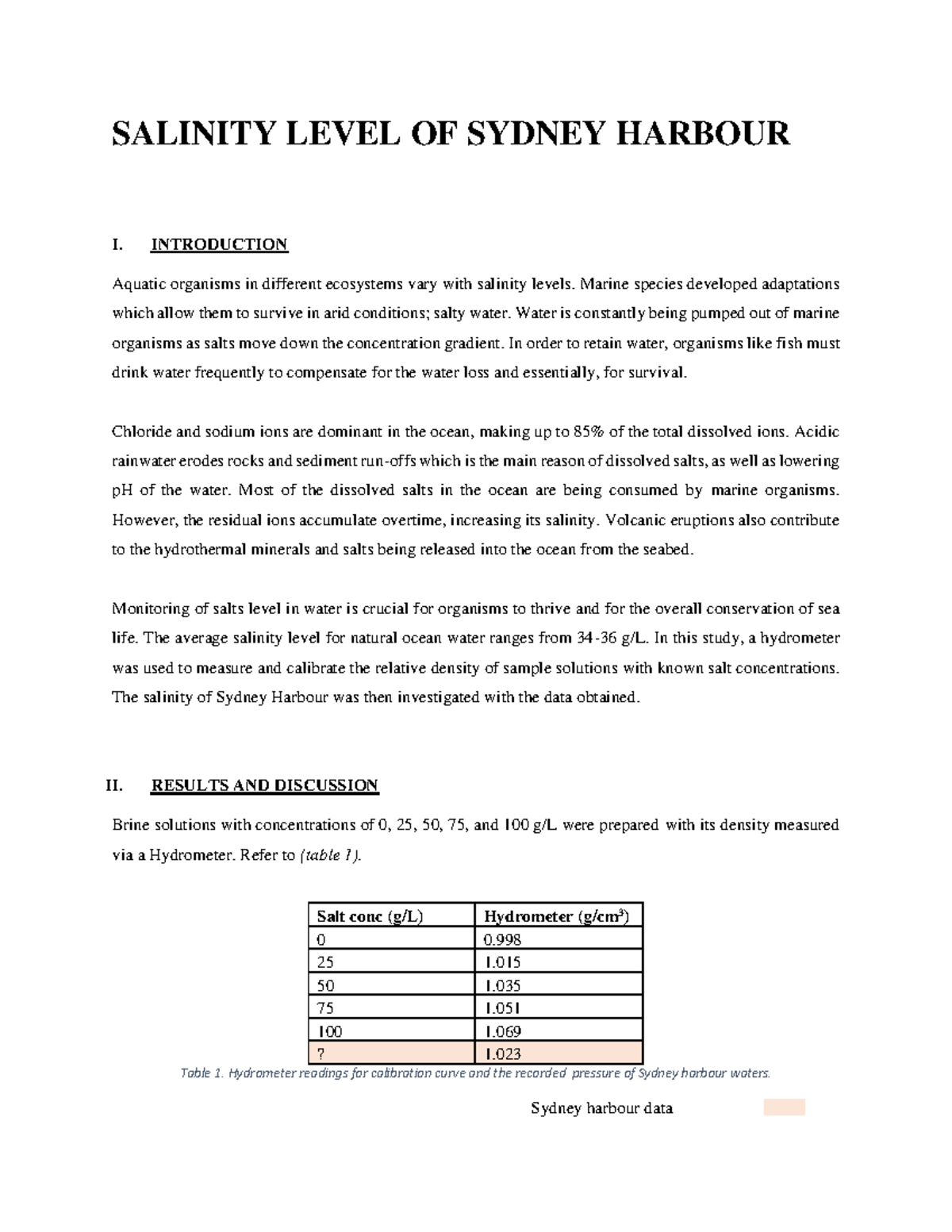Data Analysis Report - SALINITY LEVEL OF SYDNEY HARBOUR I. INTRODUCTION ...