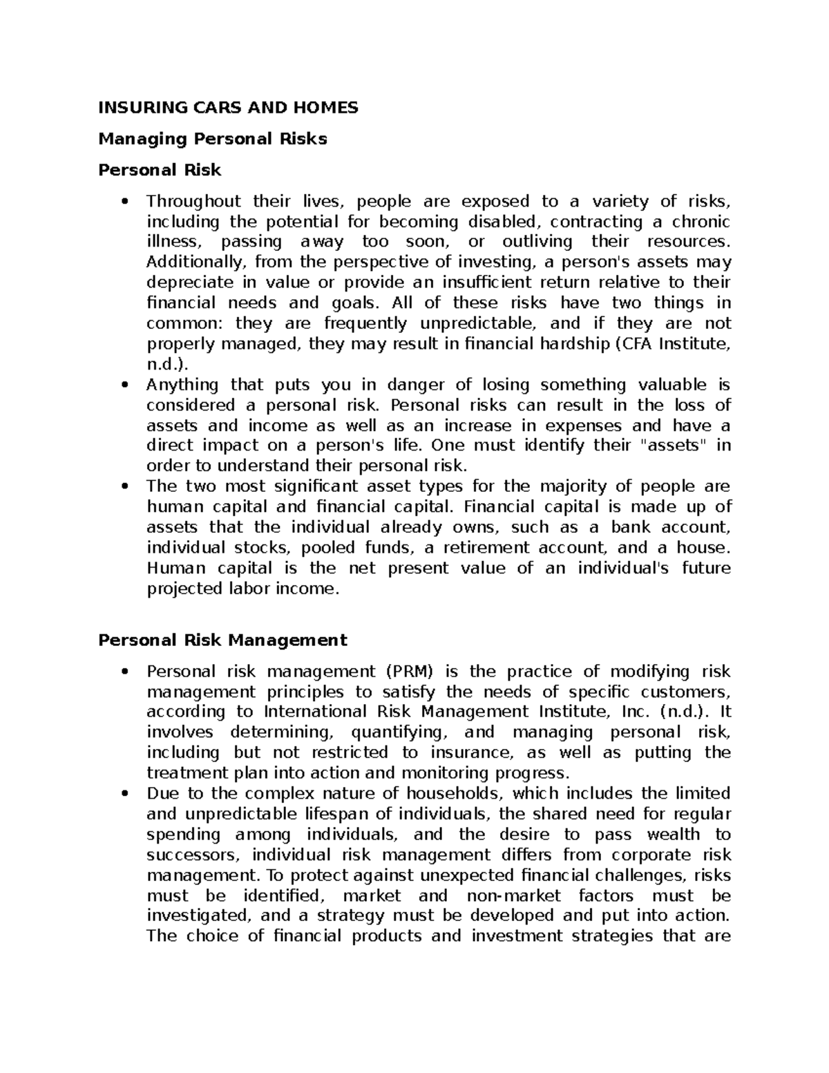 Insuring CARS AND Homes - INSURING CARS AND HOMES Managing Personal ...