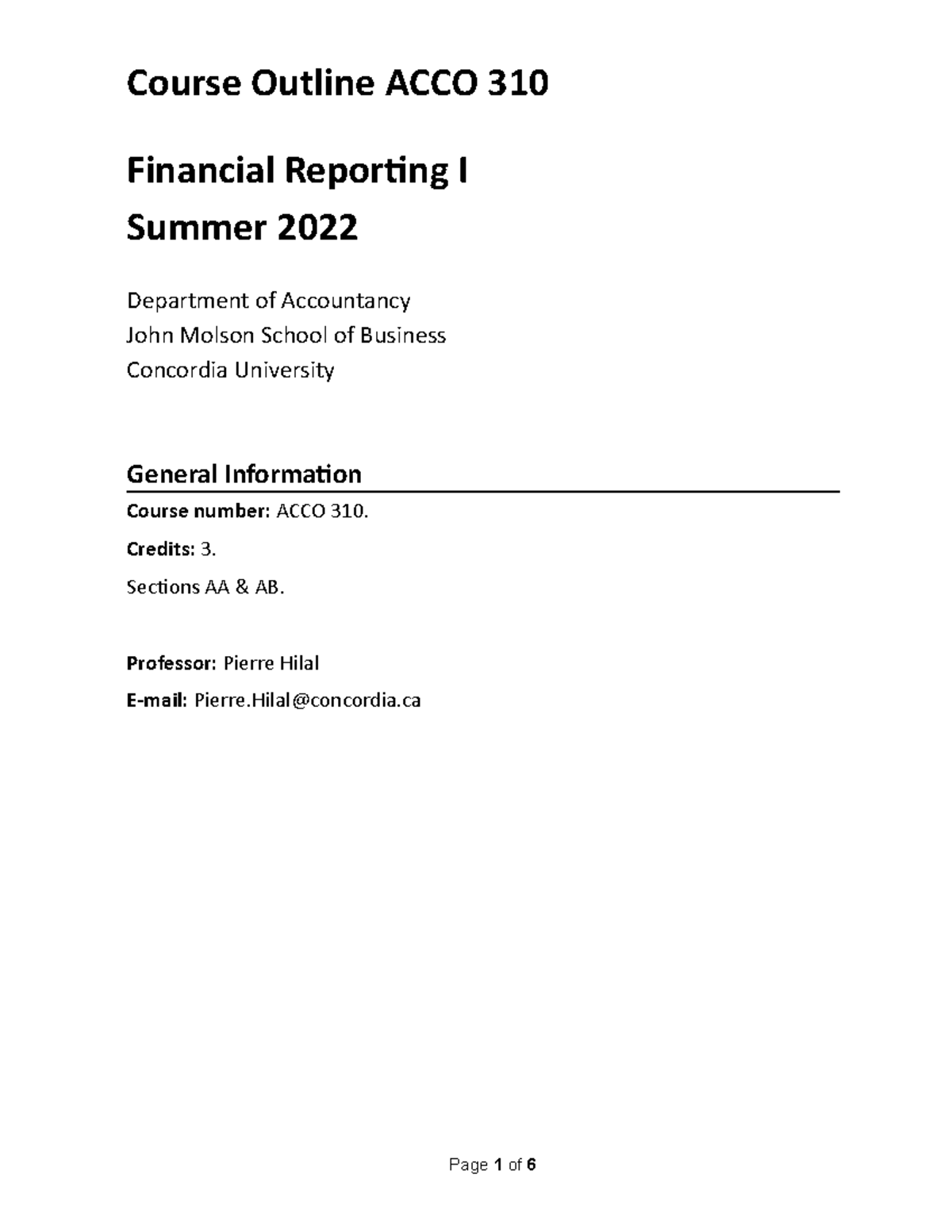 Course Outline - Summer 2022 - Course Outline ACCO 310 Financial ...