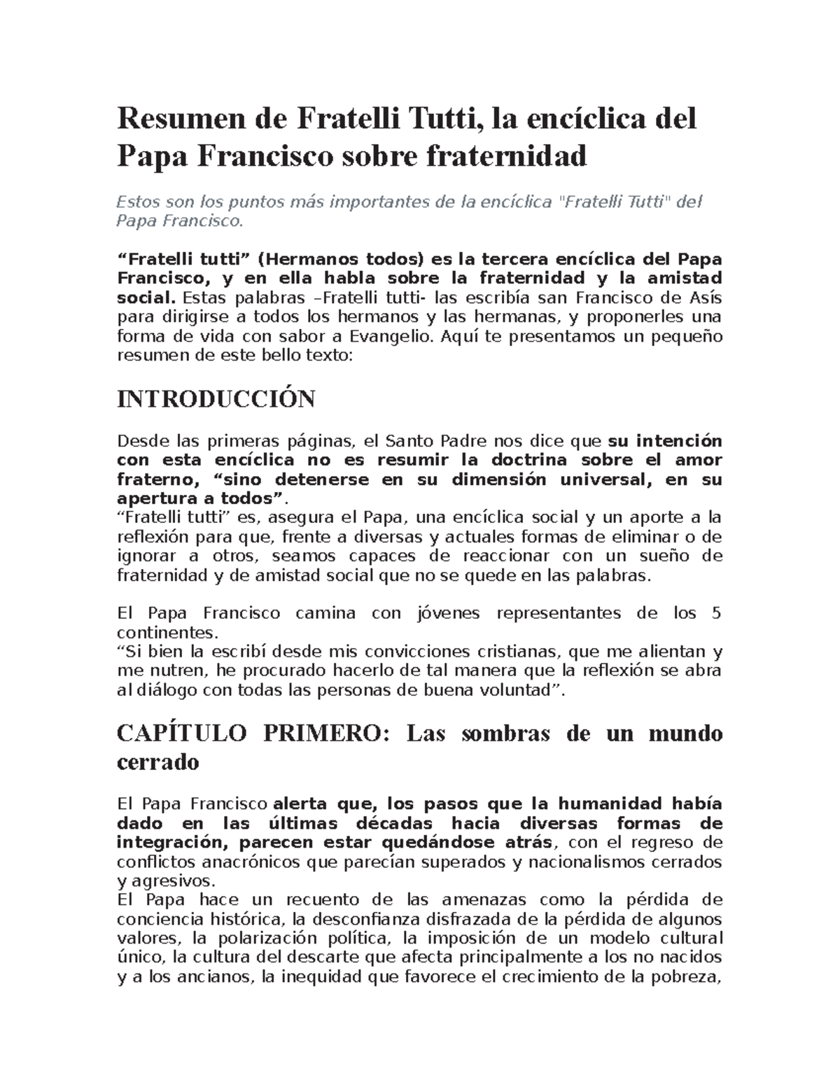 Resumen De Fratelli Tutti Religion Uc Studocu