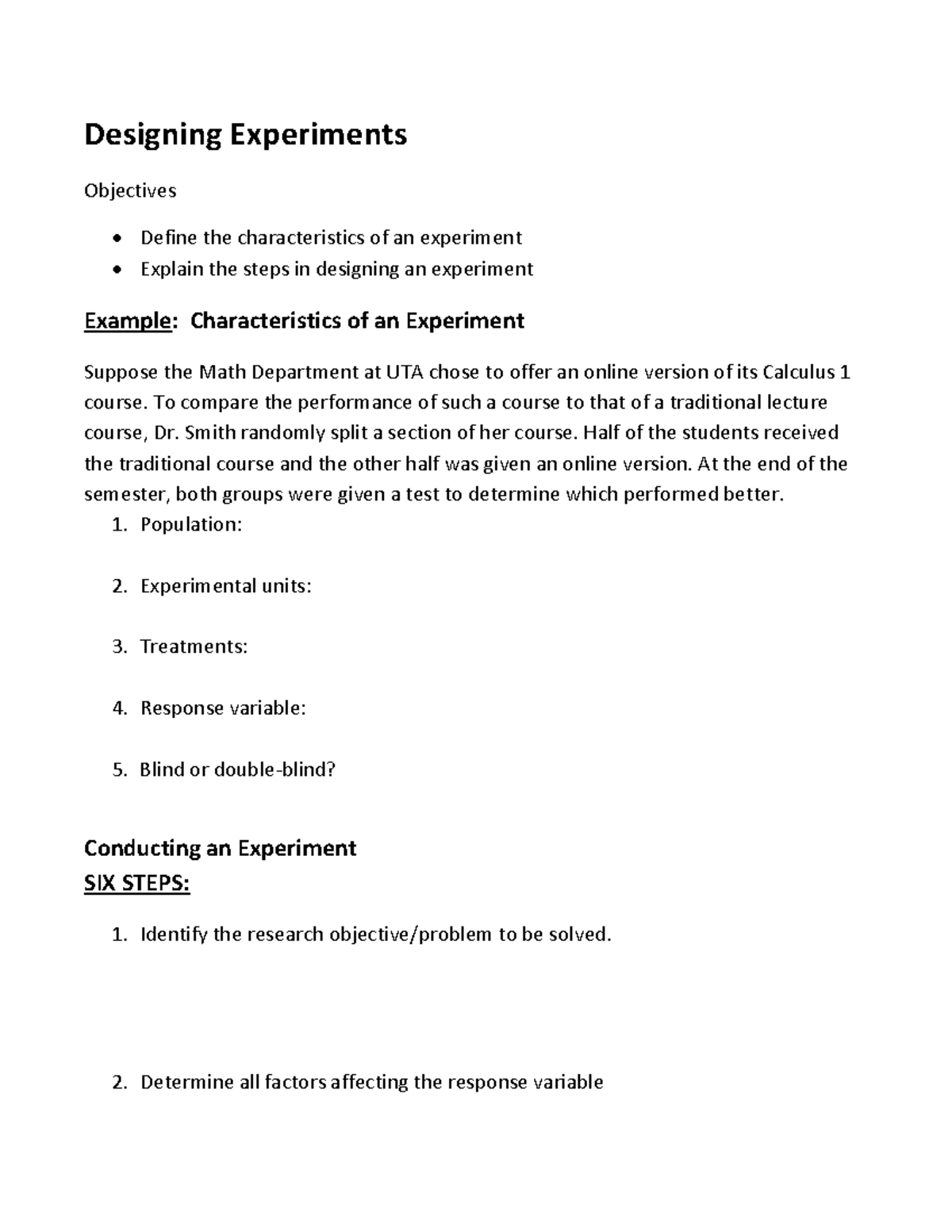 1.6A Characteristics of Designed Experiments; Notes Designing