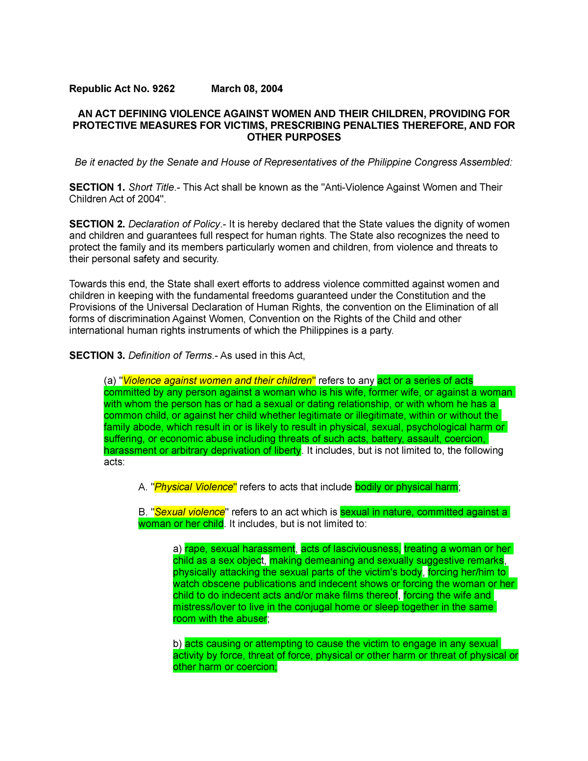 RA 9262 - Notes - RA 9262 - Republic Act No. 9262 March 08, 2004 AN ACT ...