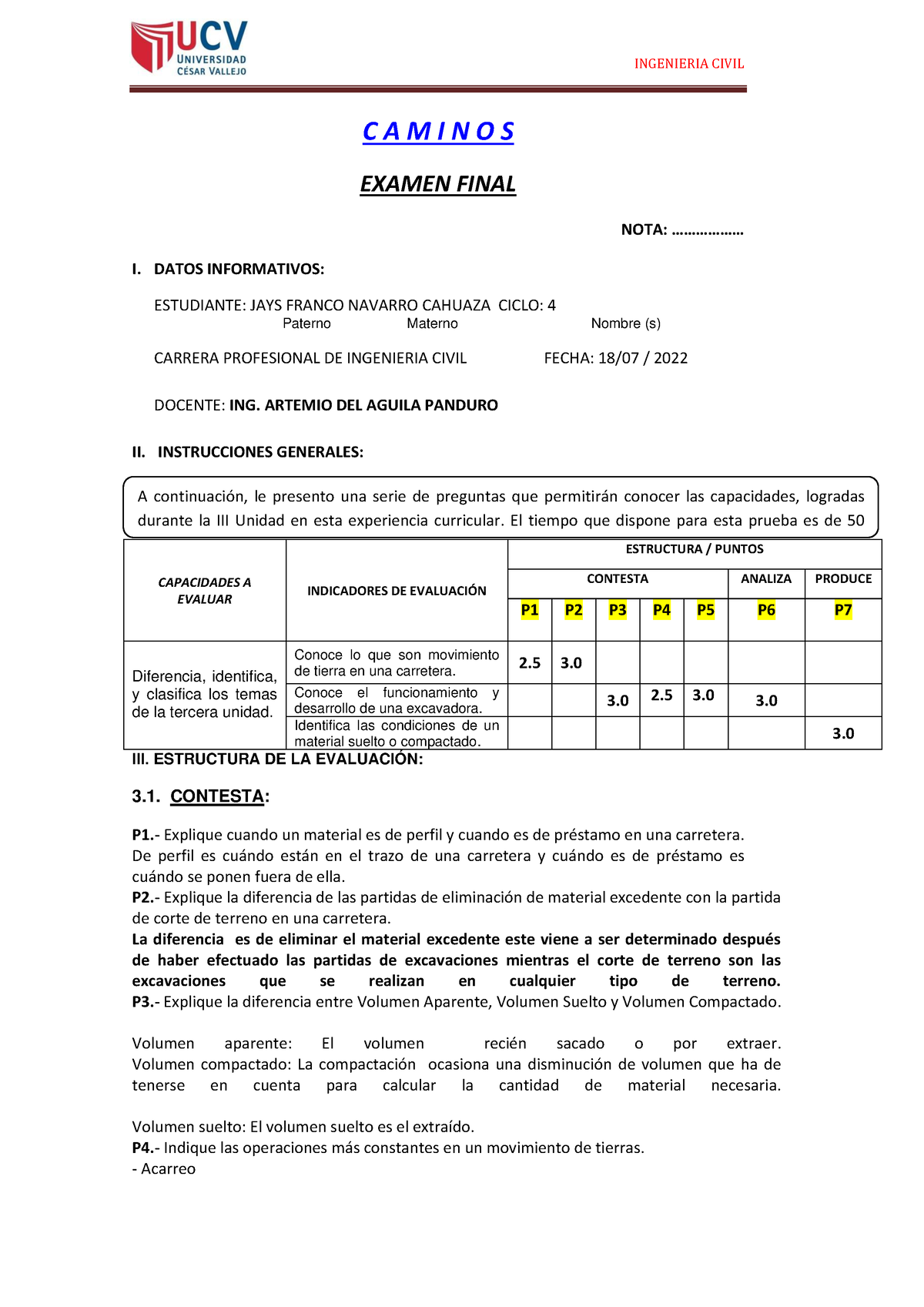 Examen Final Caminos Ucv Ingenieria Civil C A M I N O S Examen Final Nota 5792