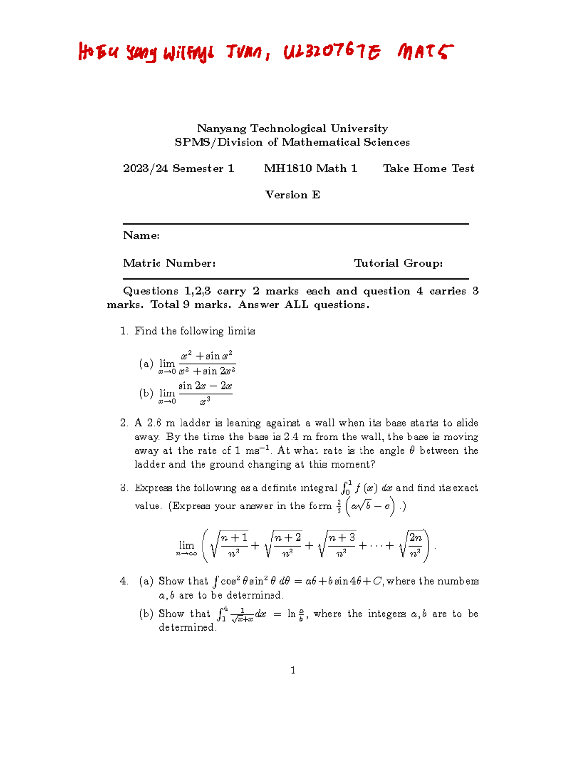 Take Home Test - math assignment - Nanyang Technological University ...