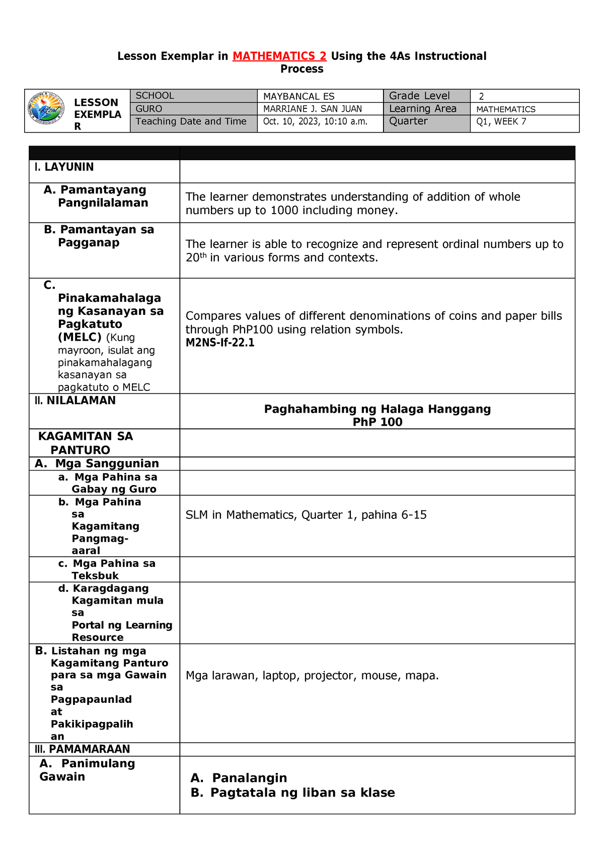 Class Observation Mathematics Grade 2 Quarter 1 - Lesson Exemplar In ...