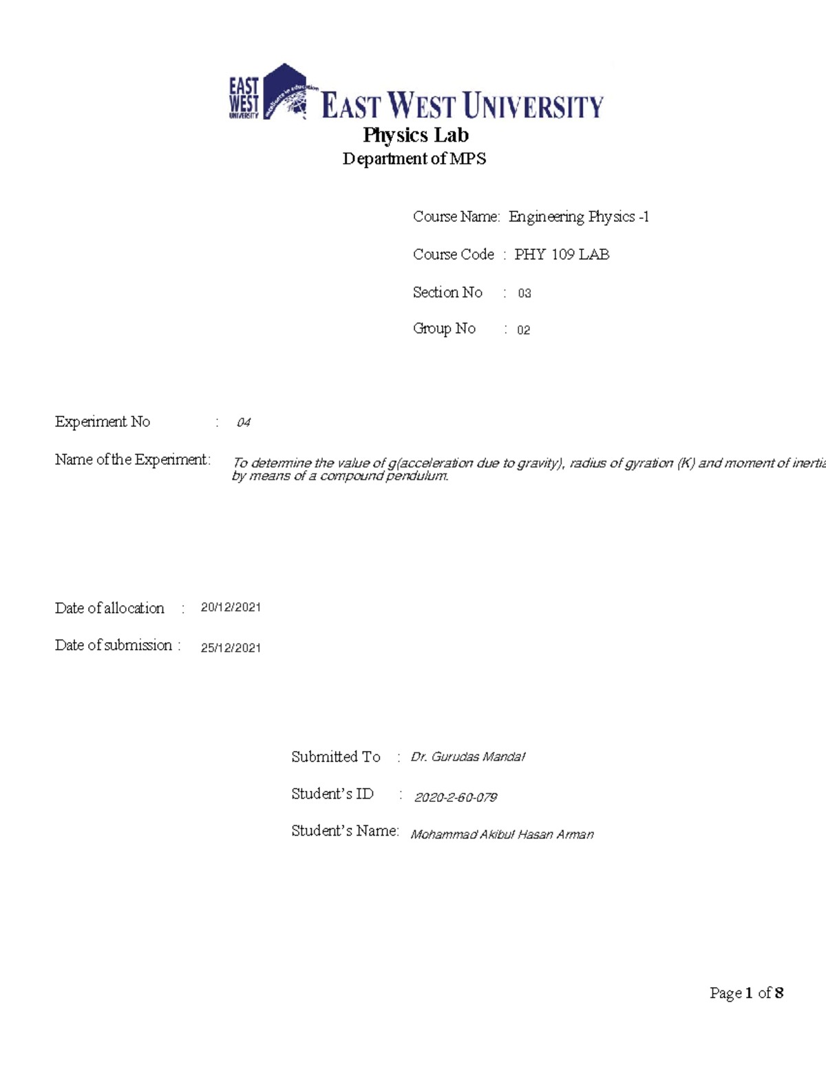 compound pendulum experiment lab report pdf