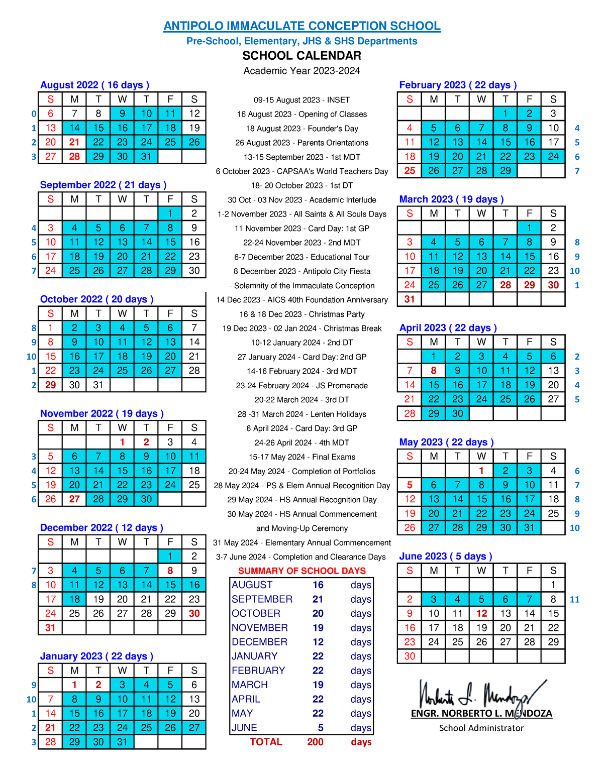 AICS School Calendar AY2023 2024 S M T W T F S S M T W T F S 0 6 7 8 