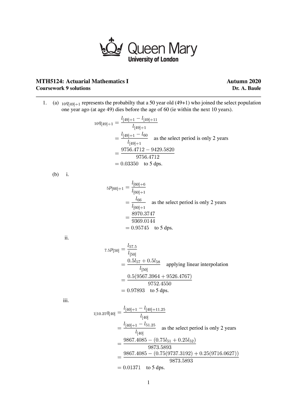 Actuarial Mathematics I - Coursework Solutions 9 - MTH5124: Actuarial ...