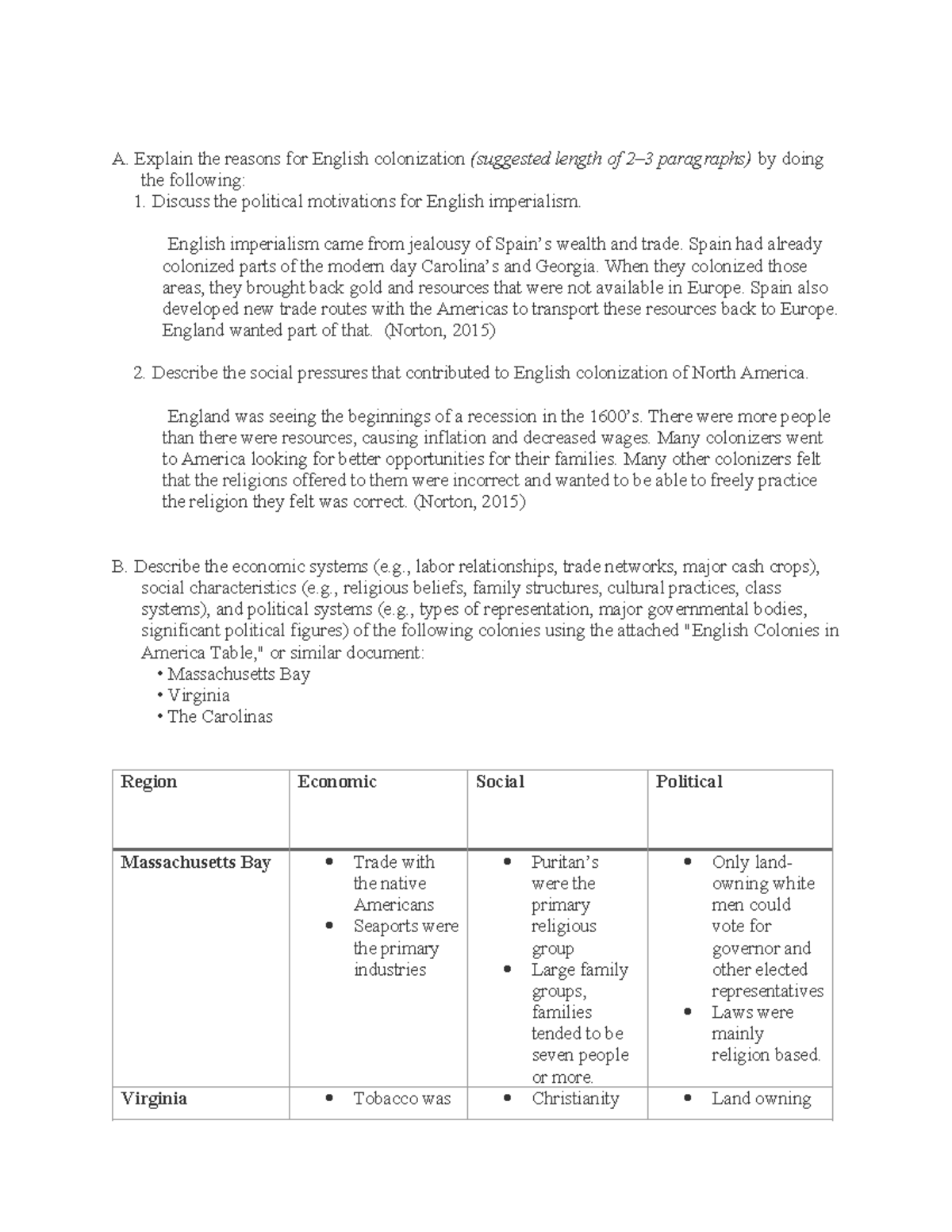 C121 Survey Of US History Task 1 - A. Explain The Reasons For English ...