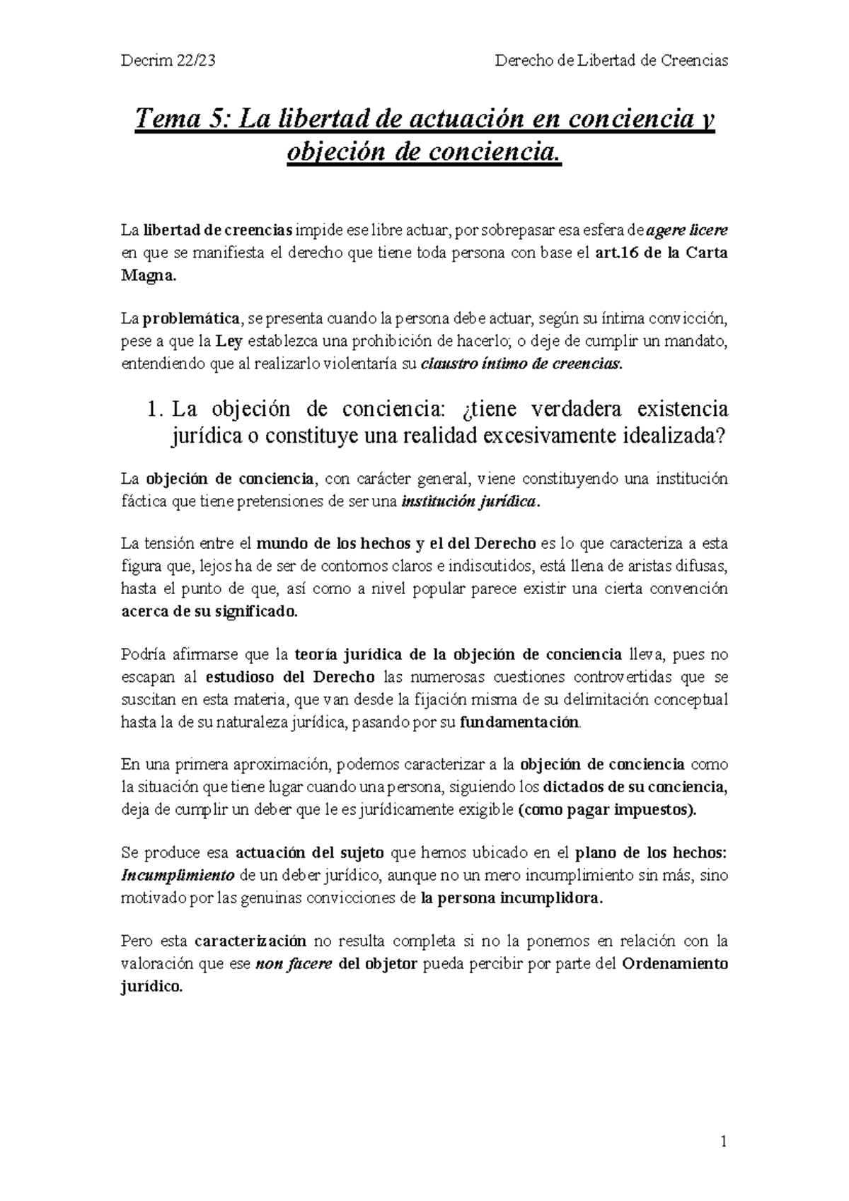 Tema 5 - La Libertad De Actuación En Conciencia Y Objeción De ...