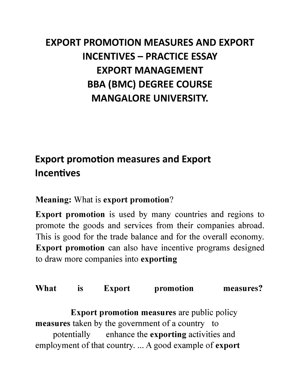 discuss in detail export promotion essay