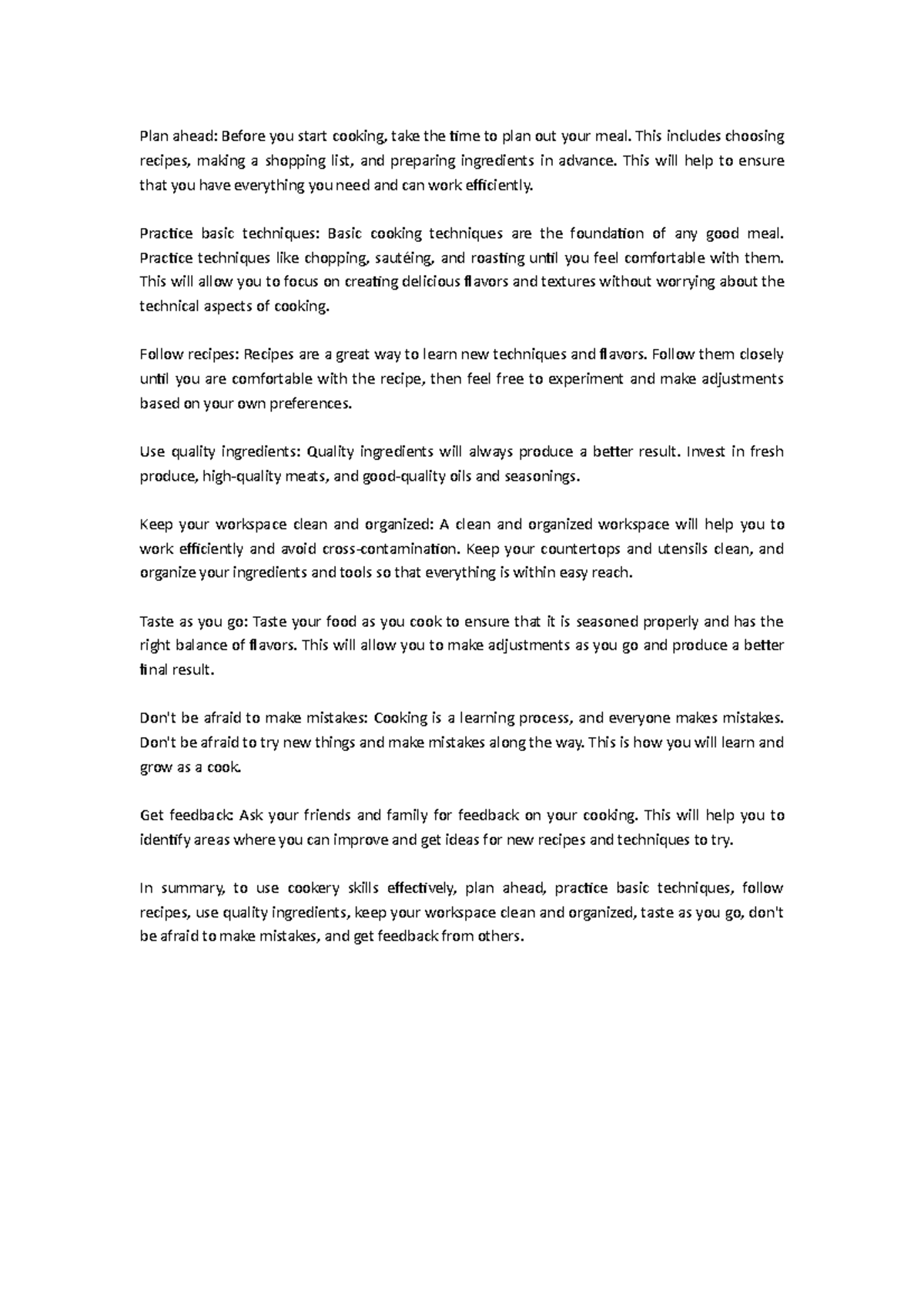 Effectiveness of cookery - Plan ahead: Before you start cooking, take ...