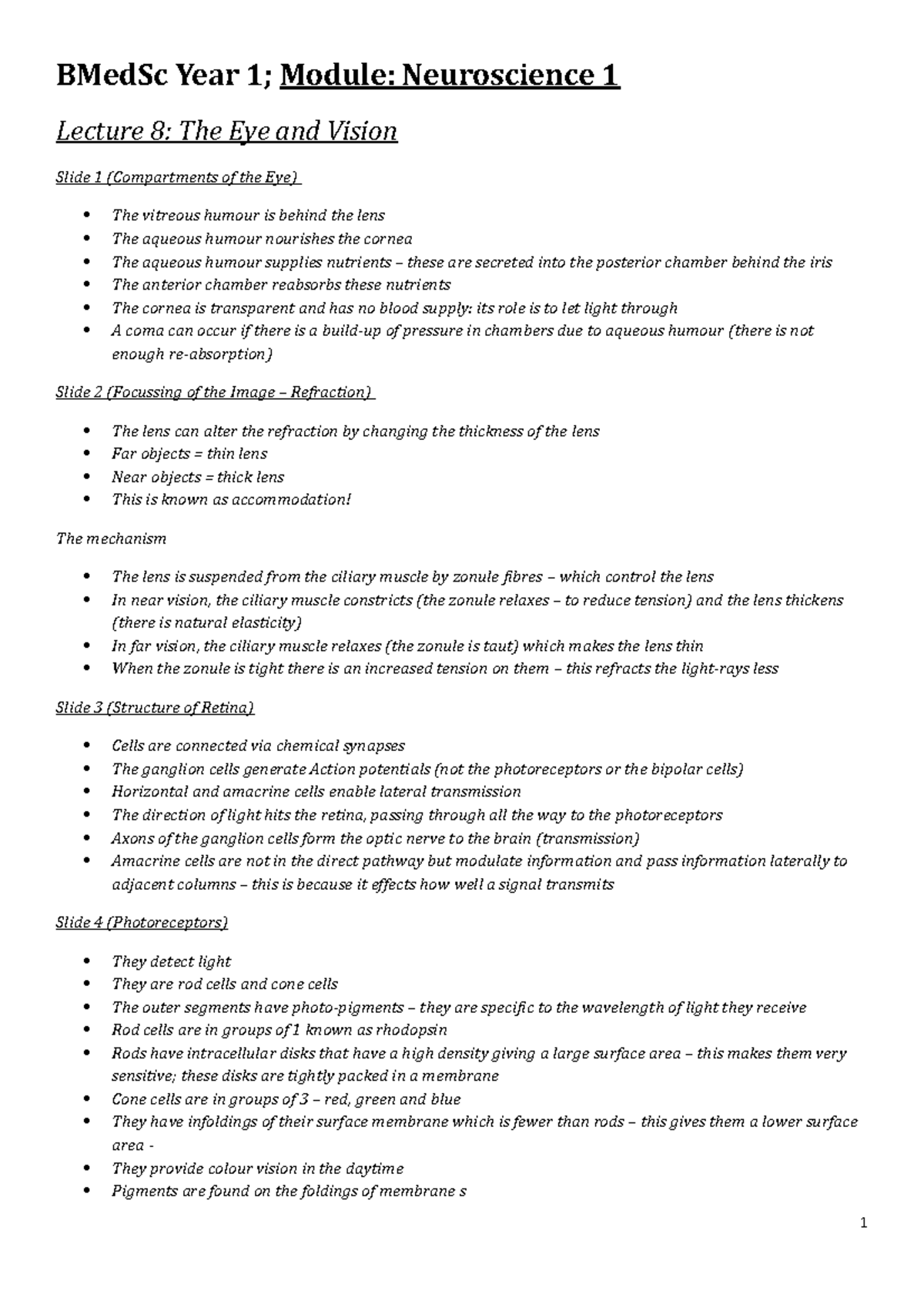 The Eye and Vision - Lecture notes, lecture 8 - BMedSc Year Module ...