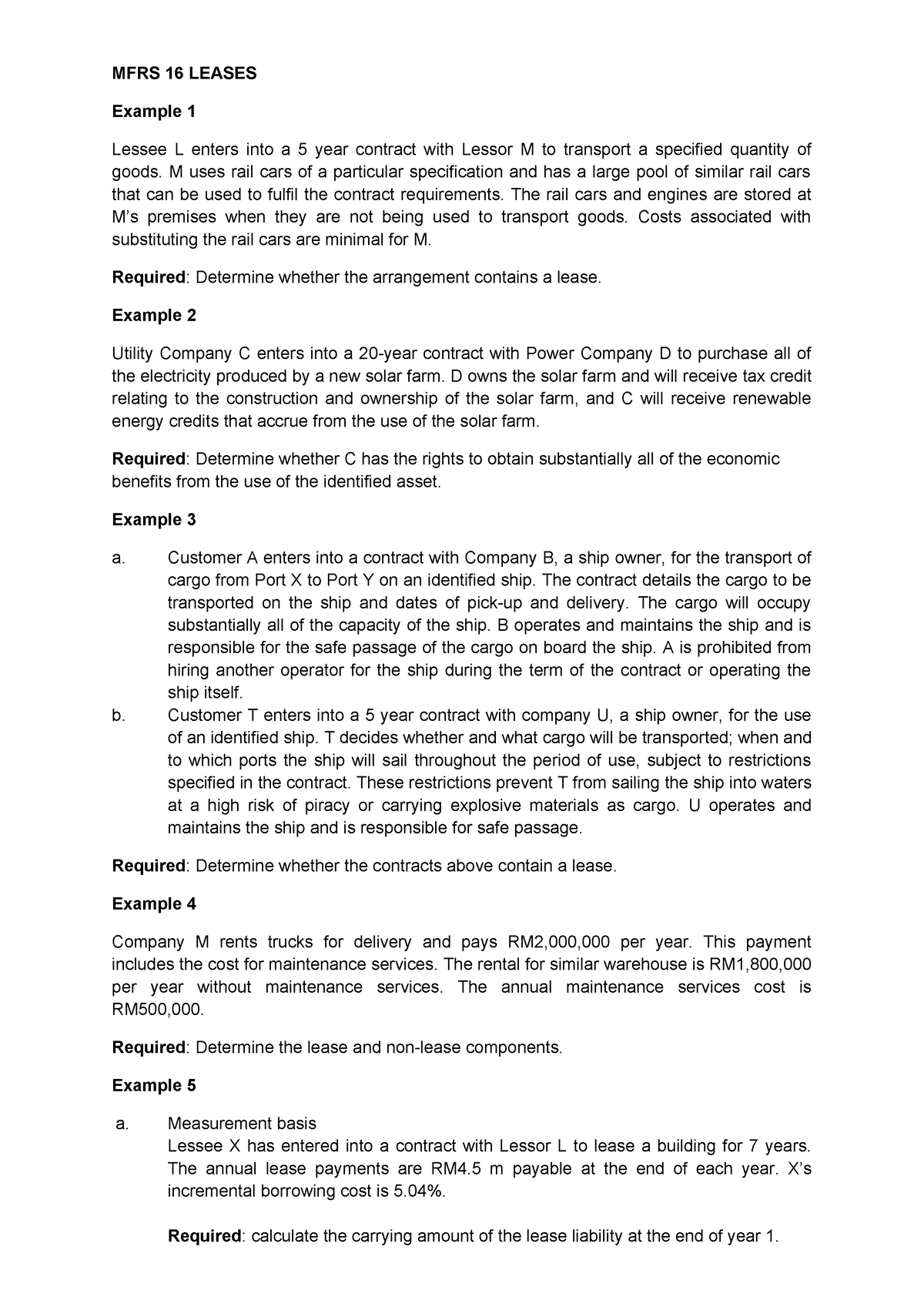 Examples On Leases - MFRS 16 LEASES Example 1 Lessee L Enters Into A 5 ...