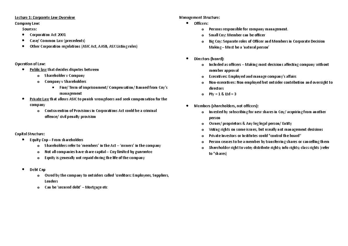 Corp Law Notes BLAW20001 - Lecture 1: Corporate Law Overview Company ...