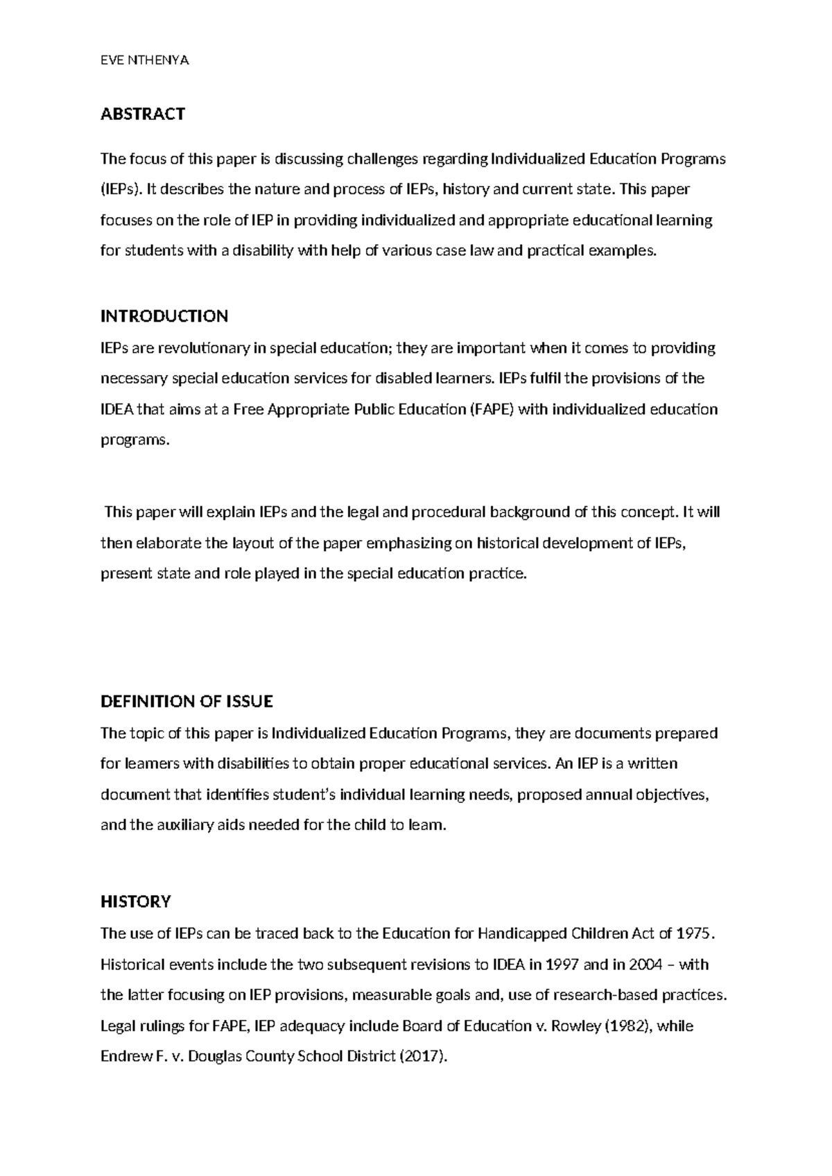 Special Education LAW- Research Paper -EVE - EVE NTHENYA ABSTRACT The ...