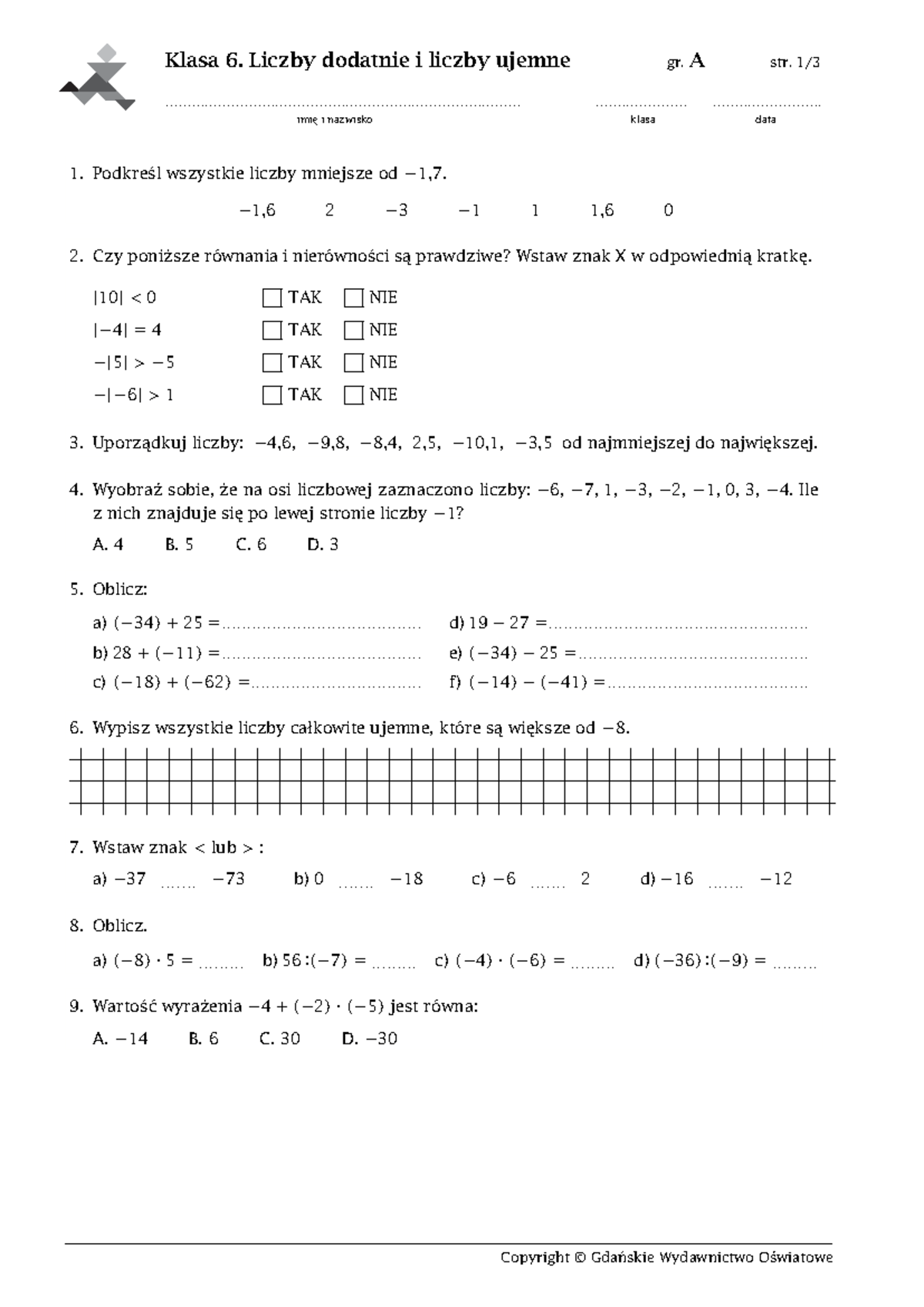 Matematyka - klasa 6 sprawdzian Liczby dodatnie i ujemne A-J - Klasa 6