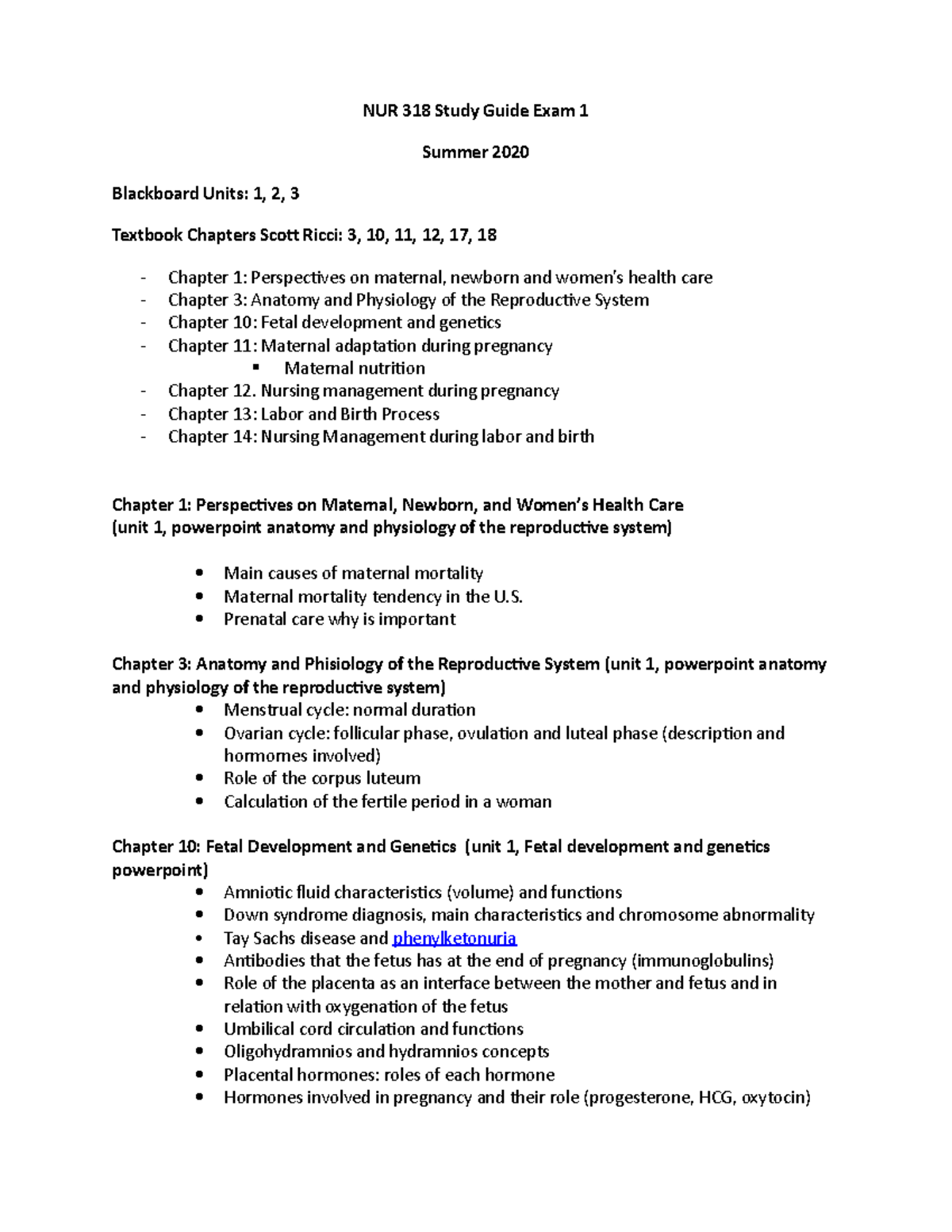 Study Guide Exam 1 Summer 2020 - NUR 318 Study Guide Exam 1 Summer 2020 ...