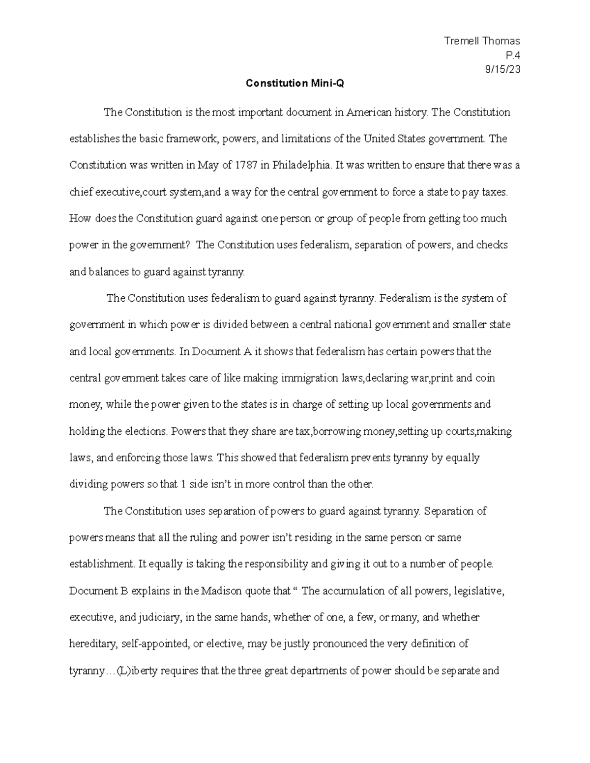 Mini DBQ aaaa Tremell Thomas P. 9/15/ Constitution MiniQ The