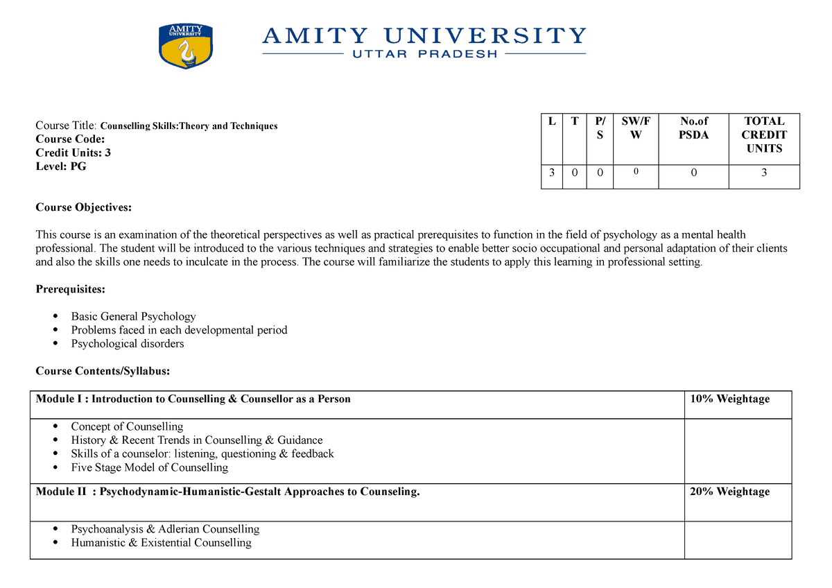 New Syllabus Counseling - Course Title: Counselling Skills:Theory And ...