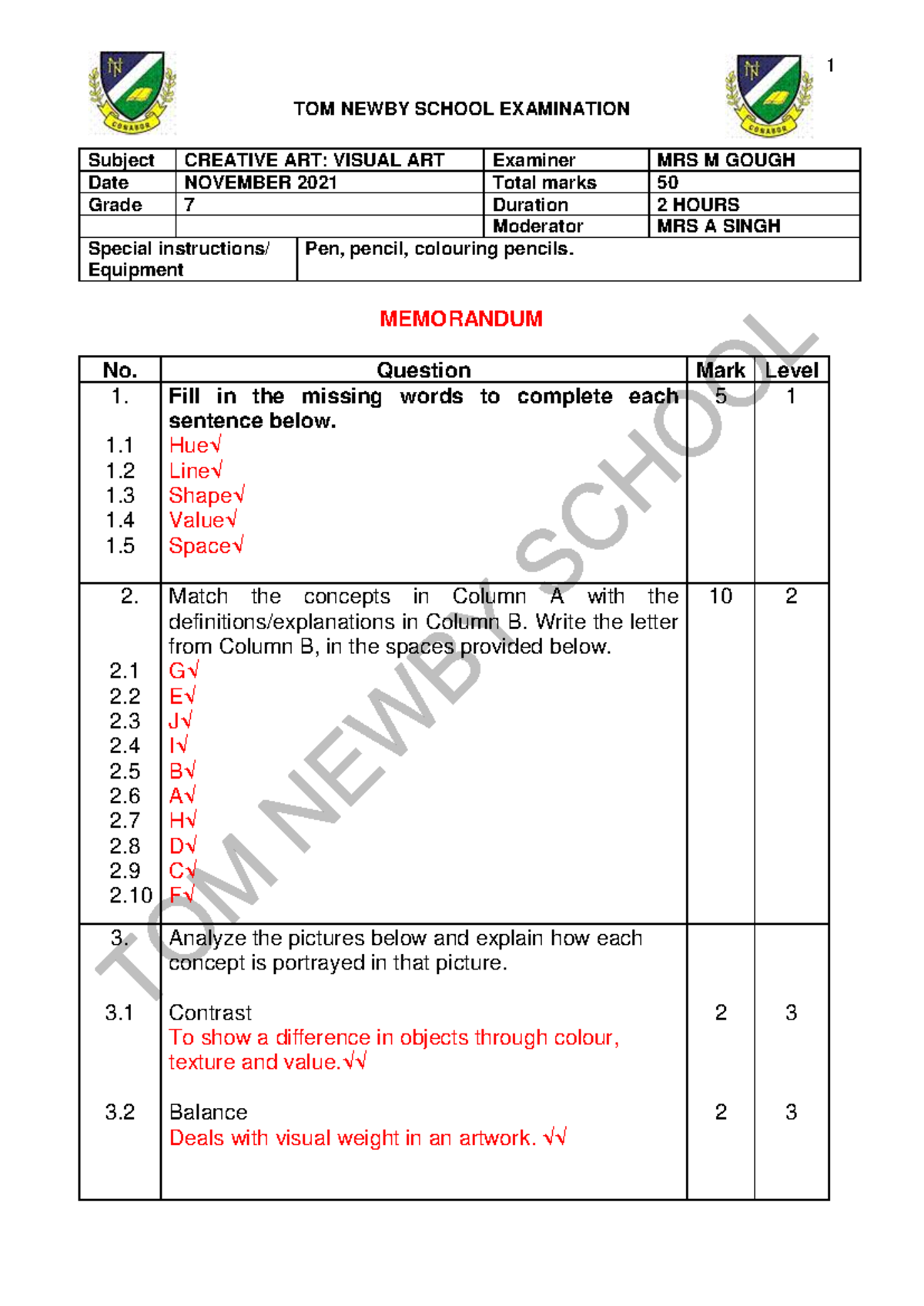 Grade 7 Creative Arts Memo November 2021 TOM NEWBY SCHOOL EXAMINATION 