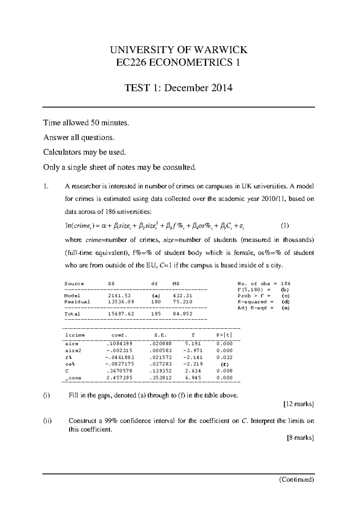 Test 1 2014: Term 1 - (Continued) UNIVERSITY OF WARWICK EC226 ...
