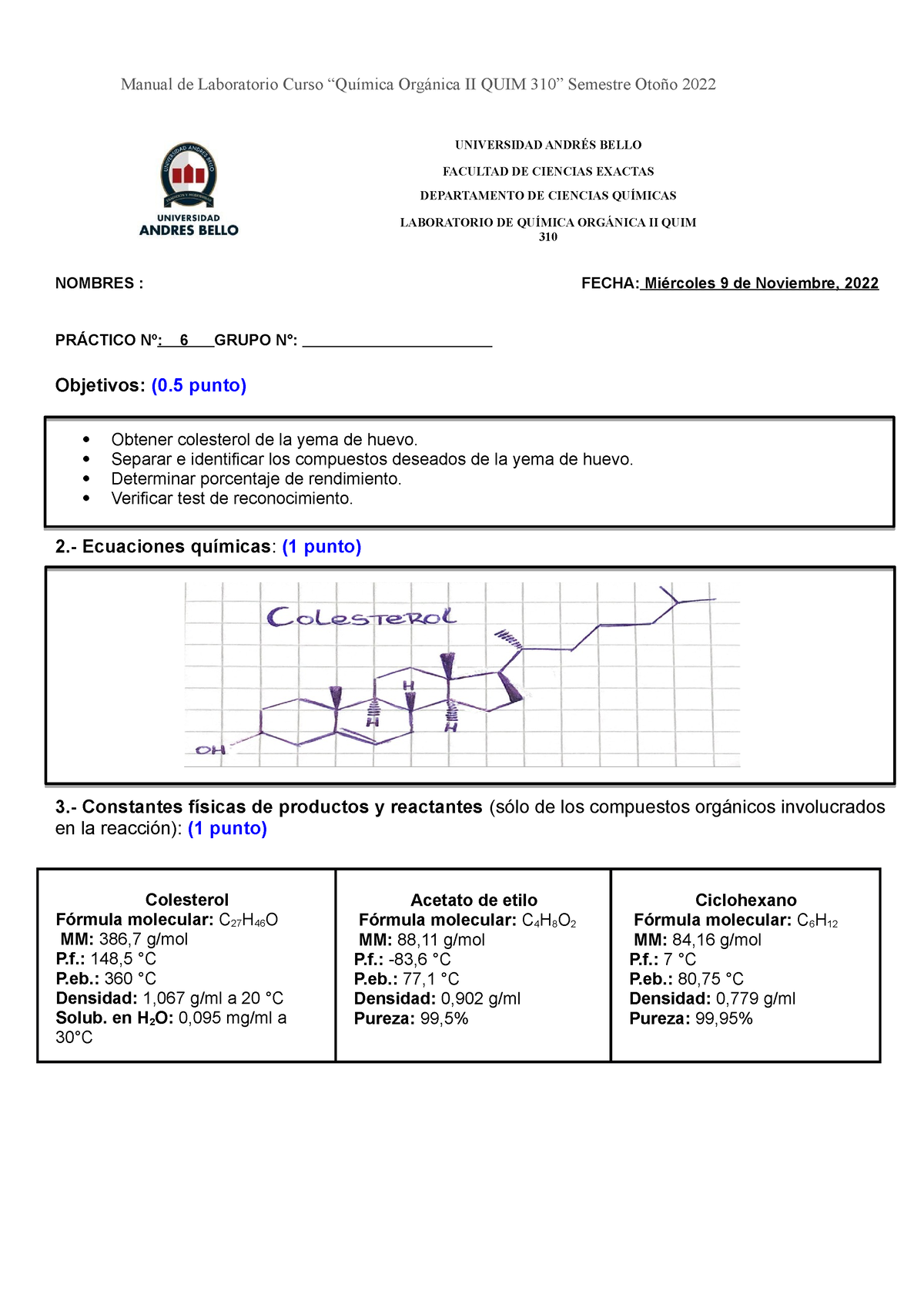 Informe DE Laboratorio QUIM310 - Química Orgánica - Universidad Andrés ...