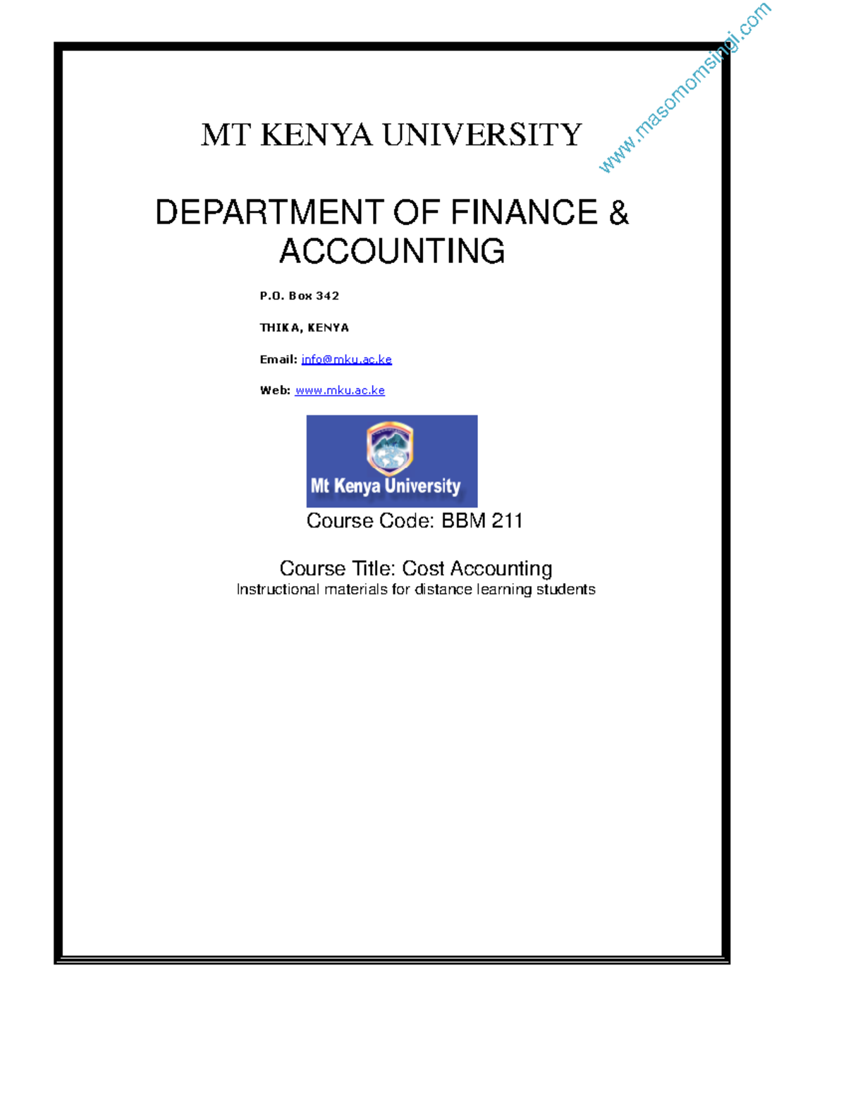 BBM 211 COST Accounting - MT KENYA UNIVERSITY DEPARTMENT OF FINANCE ...