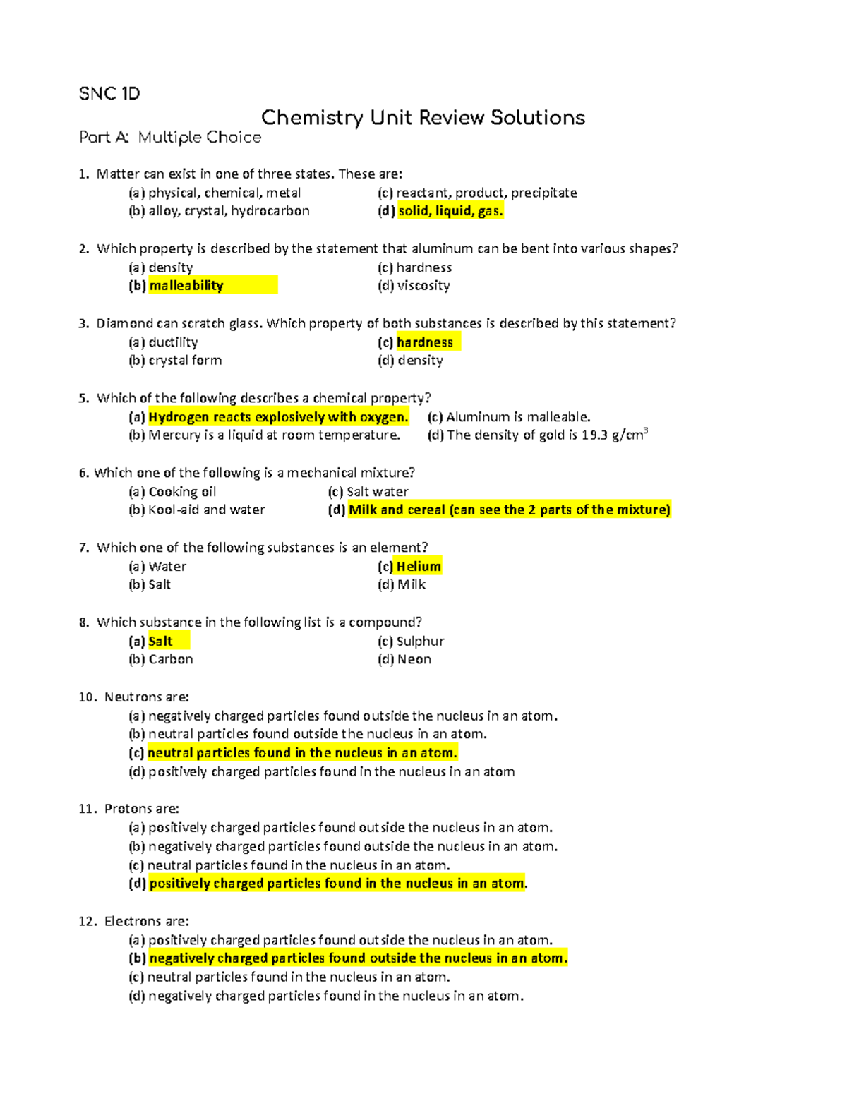Chemistry Review 1 Answers SNC 1D Chemistry Unit Review Solutions