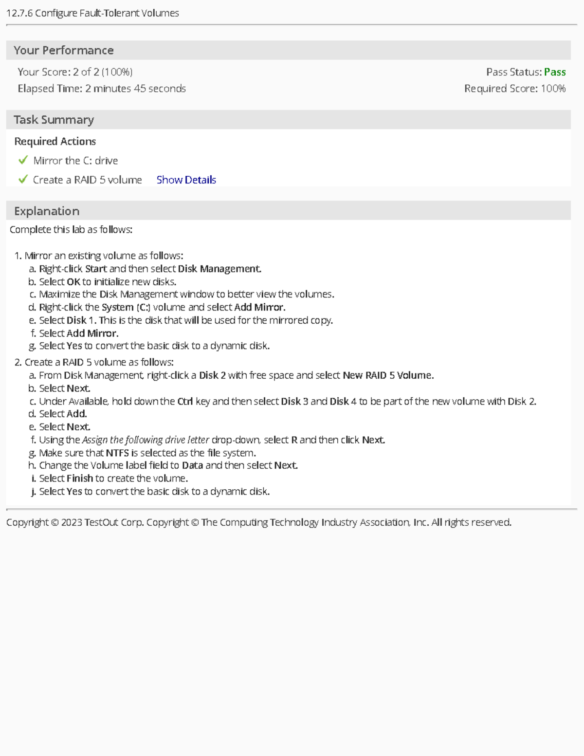 RAID LAB - LAB - Pass Status:Pass Required Score: 100% 12.7 Configure Fault-Tolerant  Volumes Your - Studocu