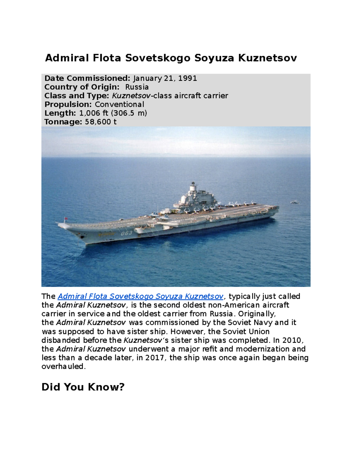 Admiral Flota Sovetskogo Soyuza Kuznetsov - Originally, the Admiral ...