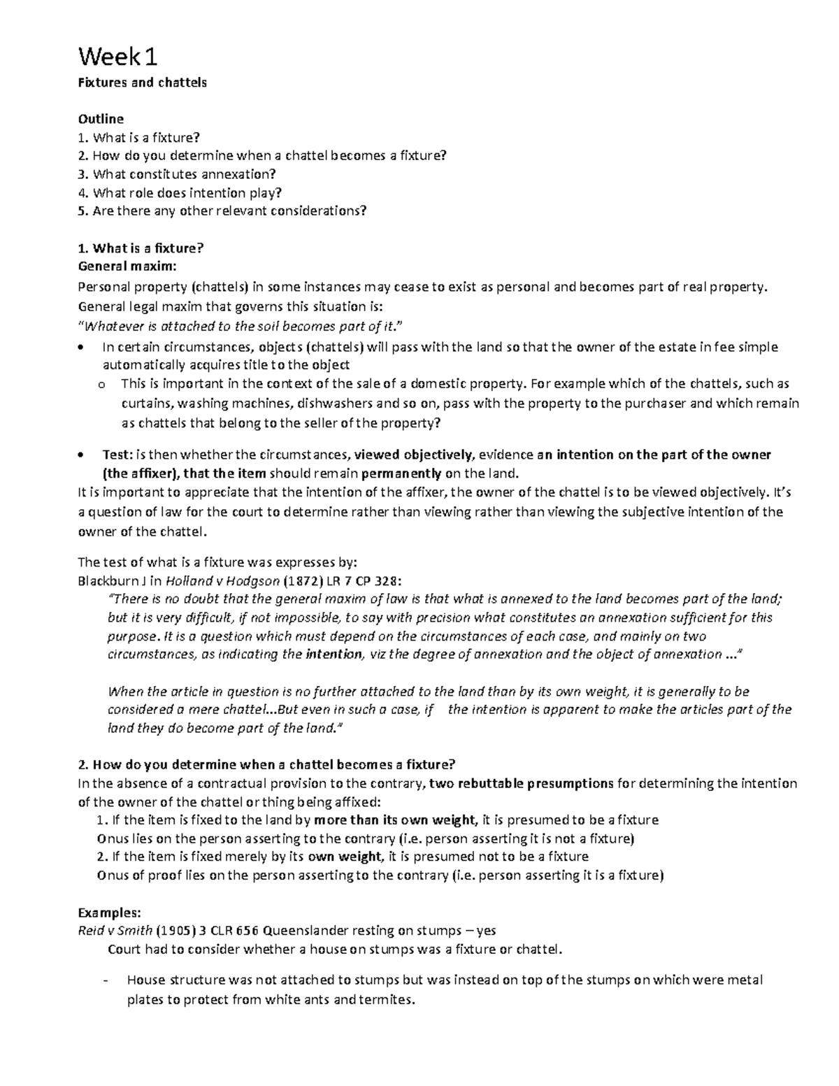 Wk 2 Fixtures and chattels Week 1 Fixtures and chattels Outline What