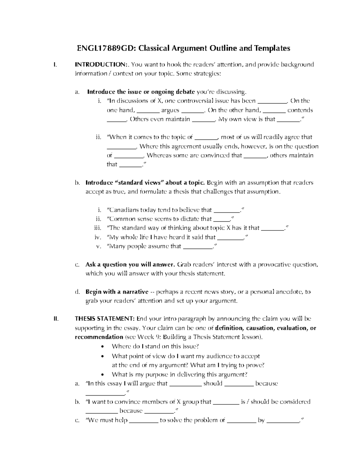 Classical Argument Template ENGL17889GD Classical Argument Outline
