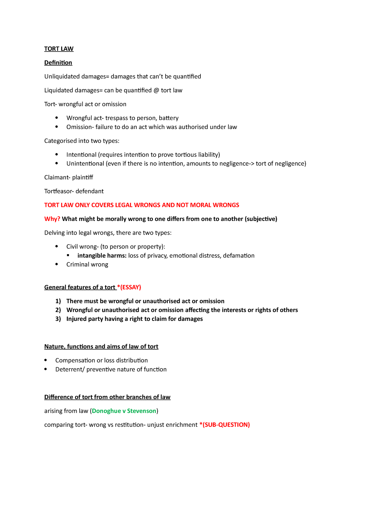 TORT LAW - Chap 1 - TORT LAW Definition Unliquidated damages= damages ...