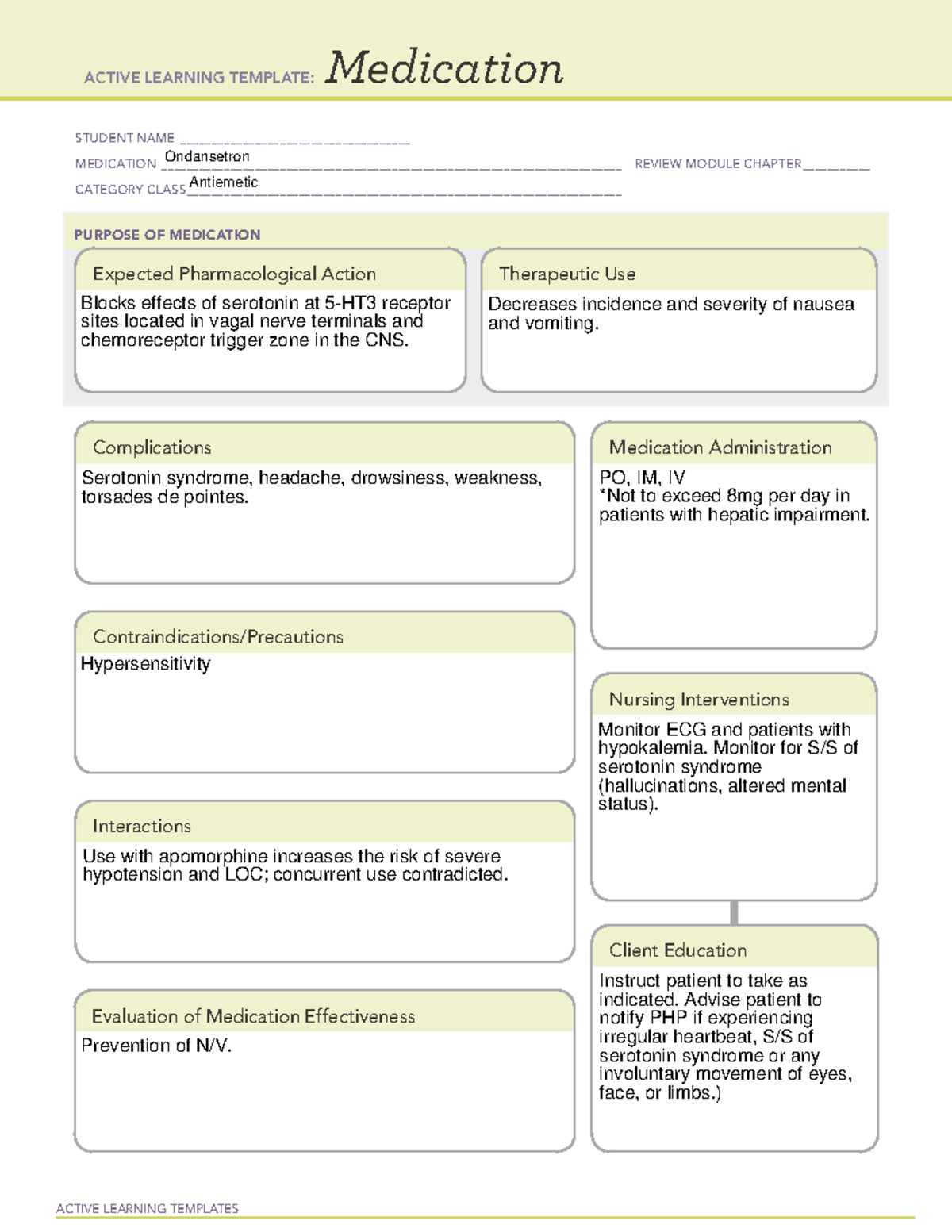 Ondansetron ALT - ACTIVE LEARNING TEMPLATES Medication STUDENT NAME ...