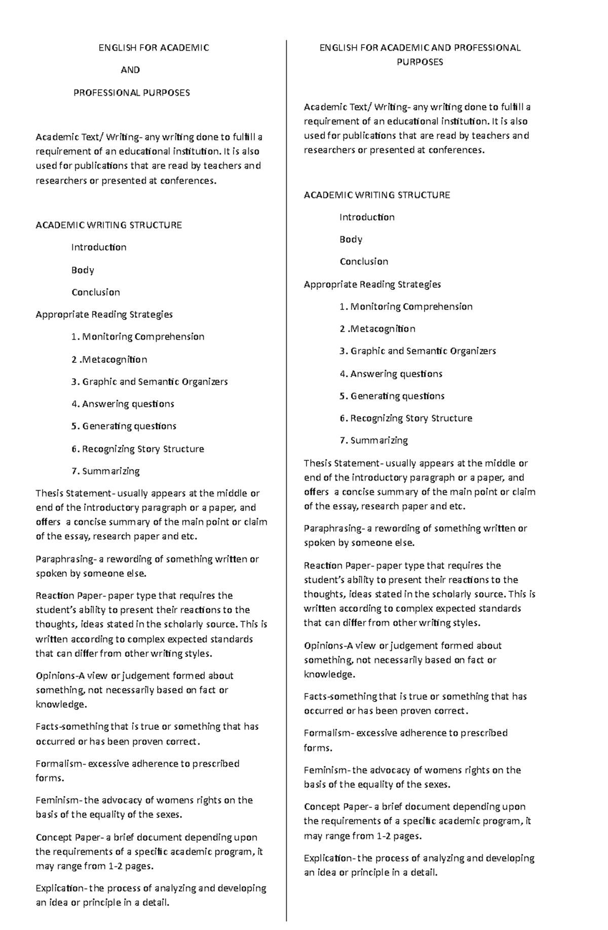 EAPP Reviewer Midterm - ENGLISH FOR ACADEMIC AND PROFESSIONAL PURPOSES ...