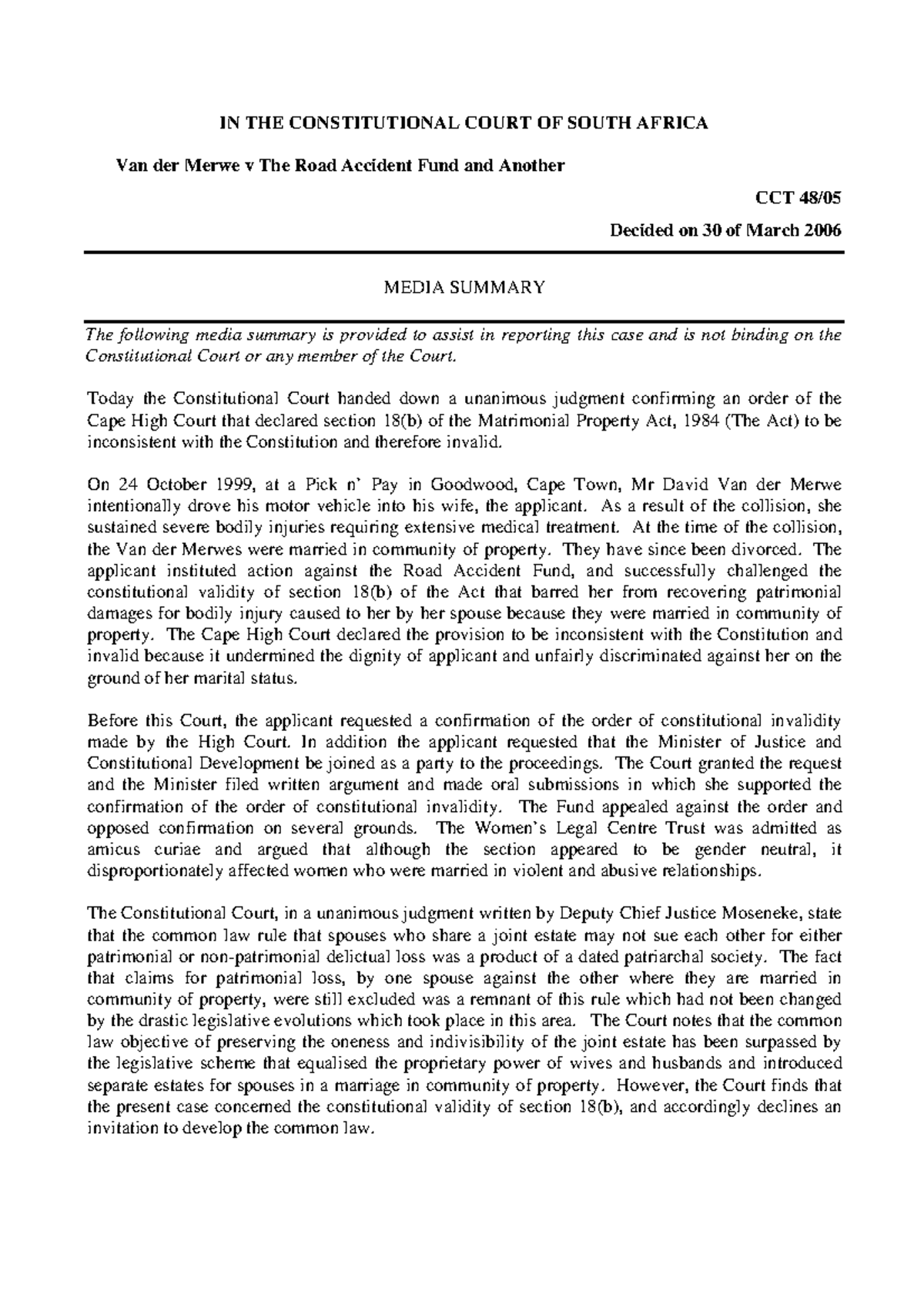 Van der Merwe v Road Accident Fund 2006 IN THE CONSTITUTIONAL COURT