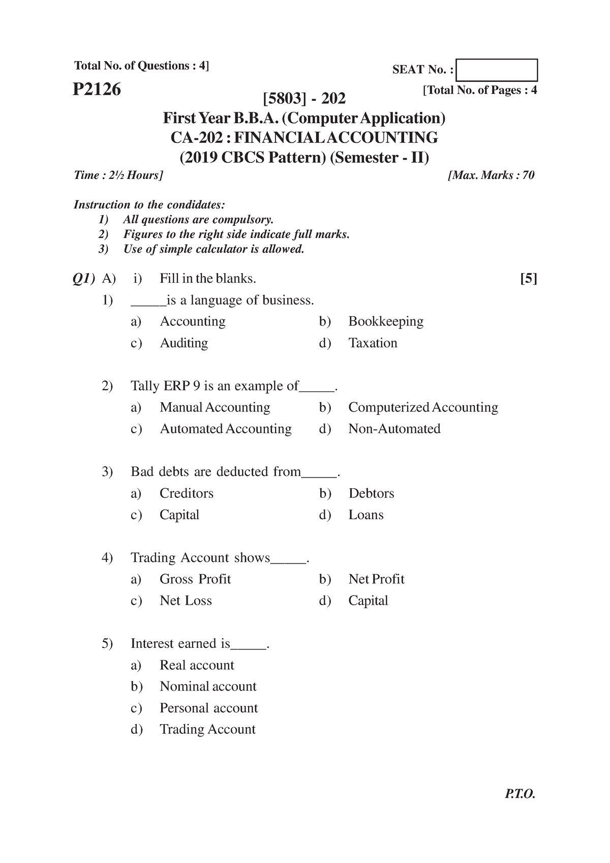 Financial Accounting B.B.A. (C. A.) 2019 Pattern - [5803] -202 1 Total ...