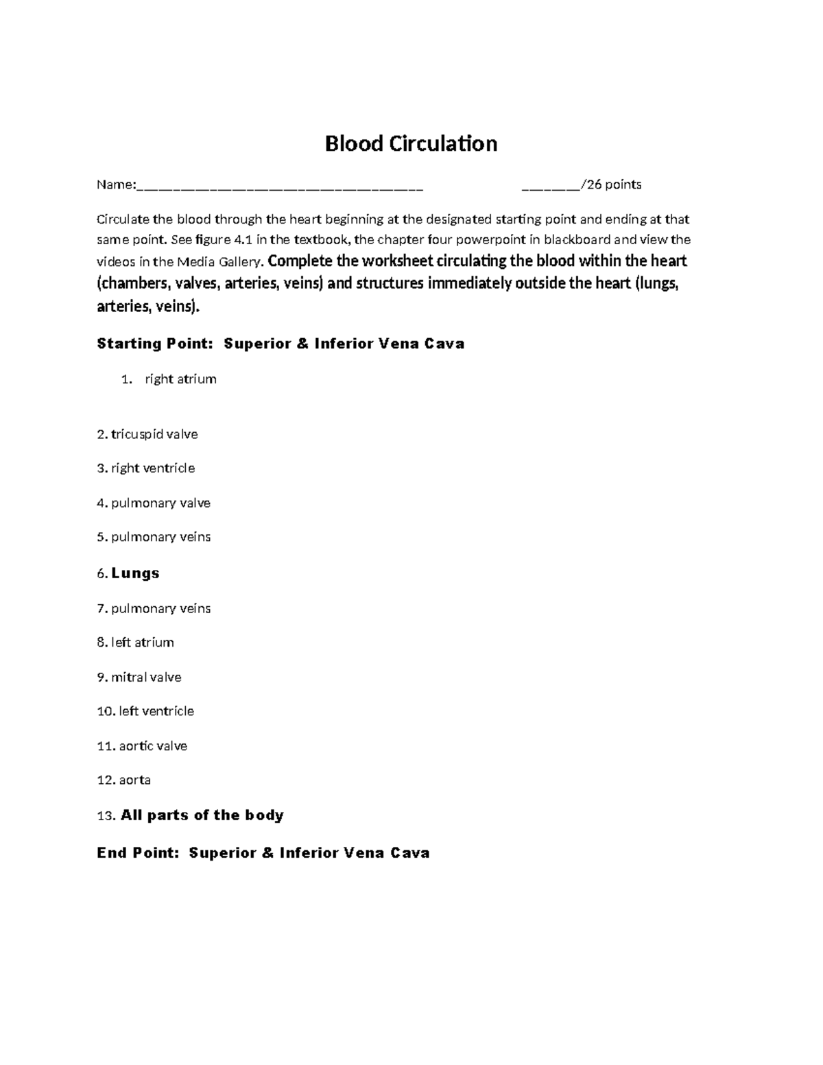 Blood Cir Vena Cava - answers - Blood Circulation Name