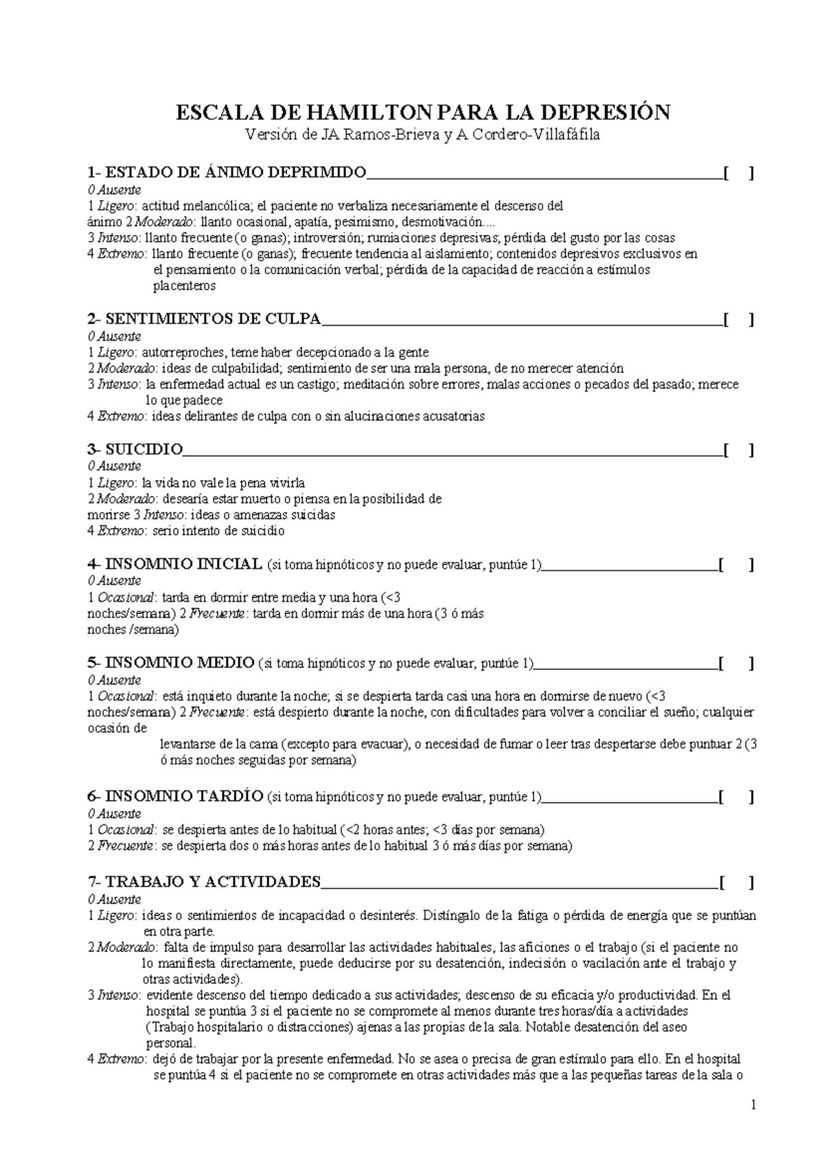 Escala DE Hamilton PARA LA Depresion de Ramos Brieva y Cordero ...
