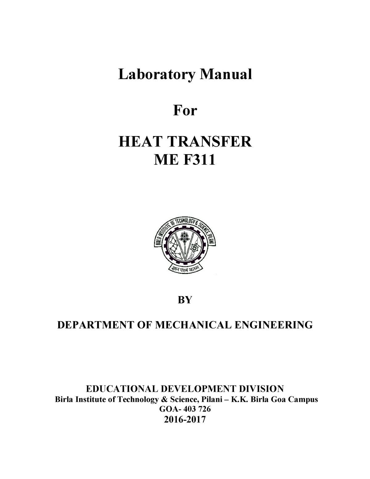 Heat Transfer Lab Manual - Laboratory Manual For HEAT TRANSFER ME F BY ...