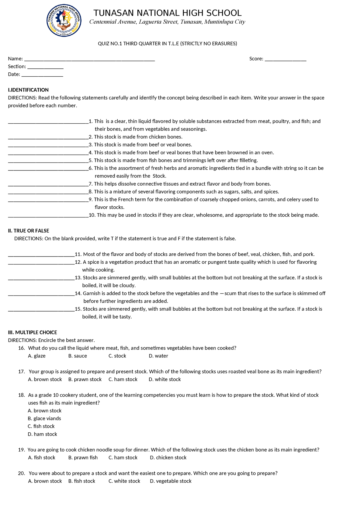 Quiz-1-q3 - TUNASAN NATIONAL HIGH SCHOOL Centennial Avenue, Laguerta ...