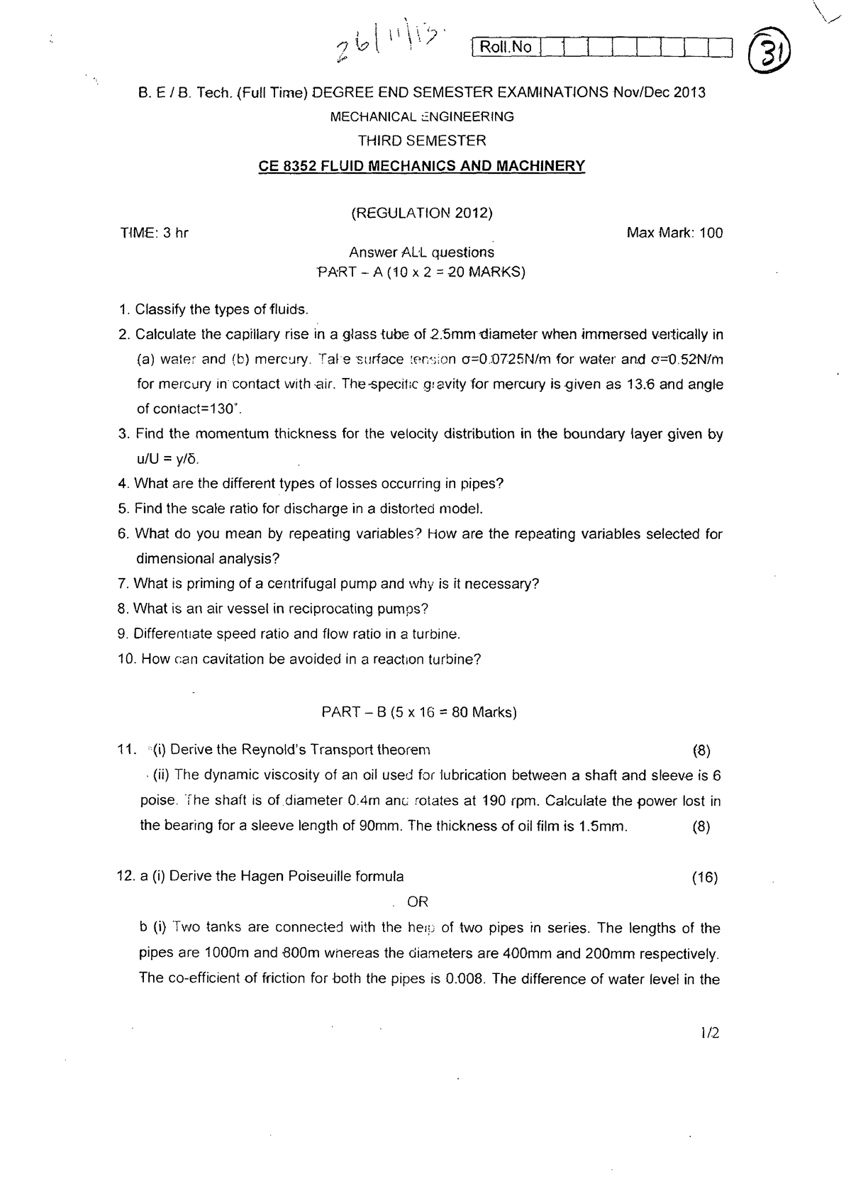 pervious year question paper fluid mechanics - Studocu