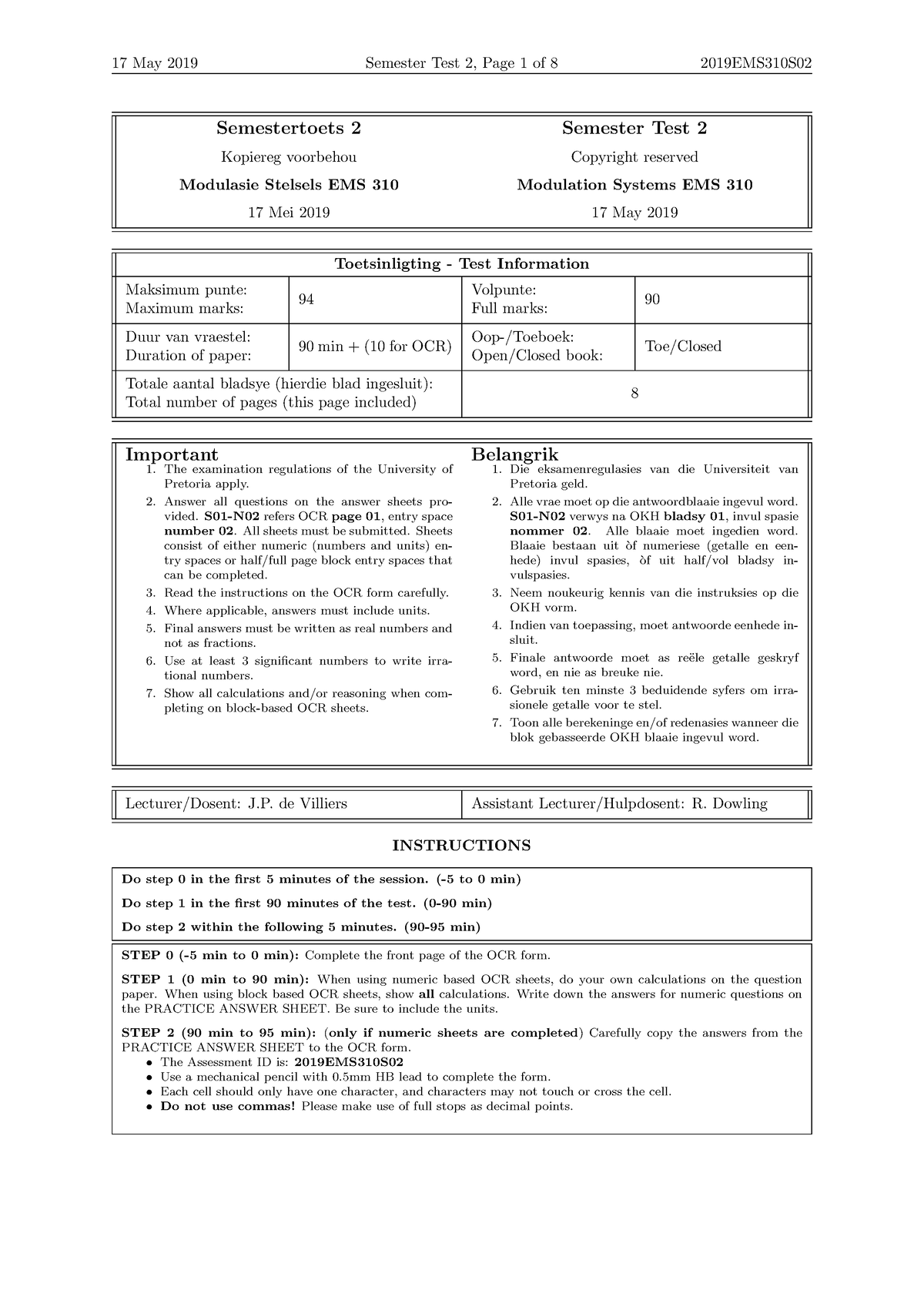 EMS 310 Semster Test 2 2019 v2 - Semestertoets 2 Semester Test 2 ...