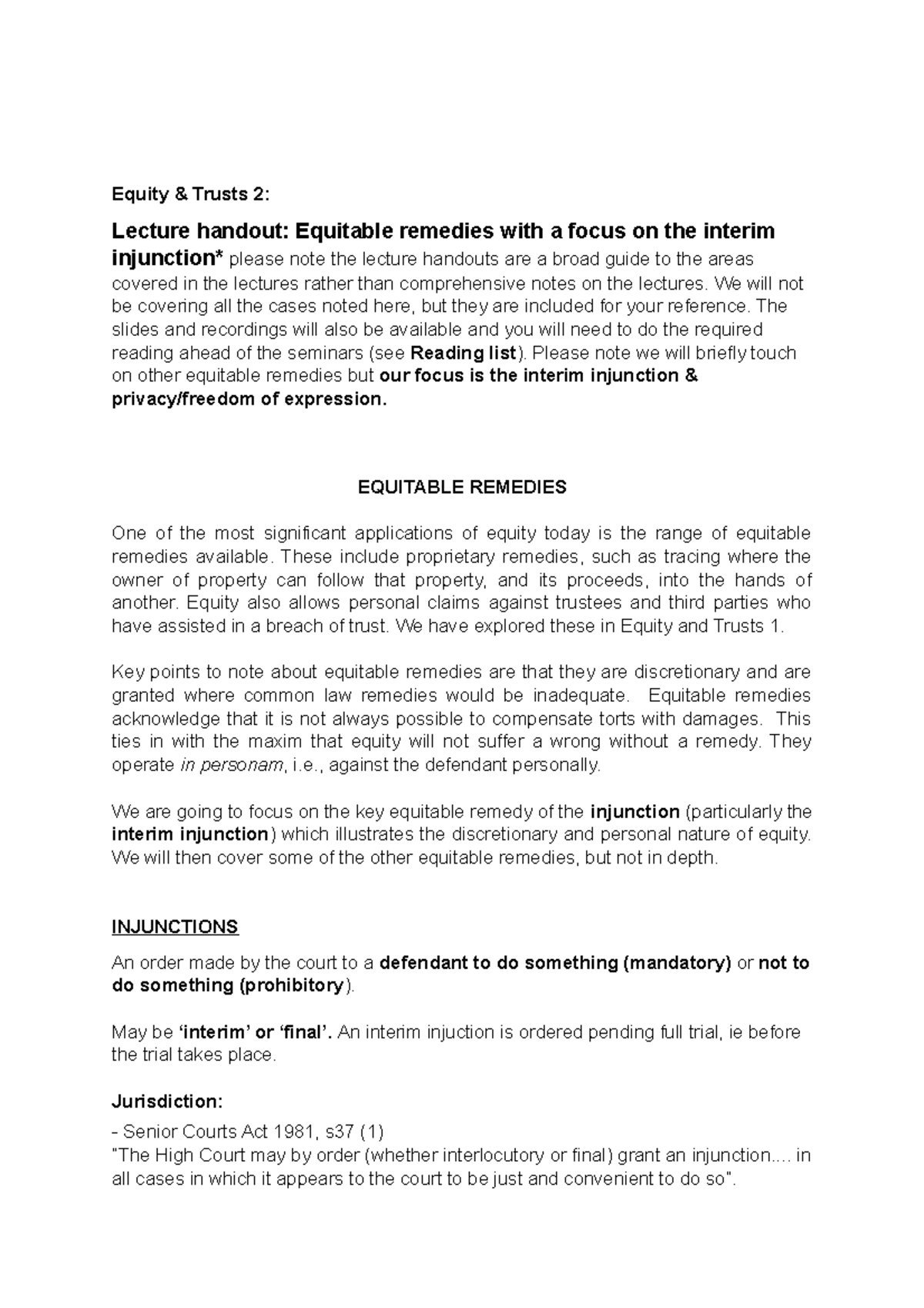 Equity and Trusts 2 Lecture handout Equitable remedies - We will not be ...