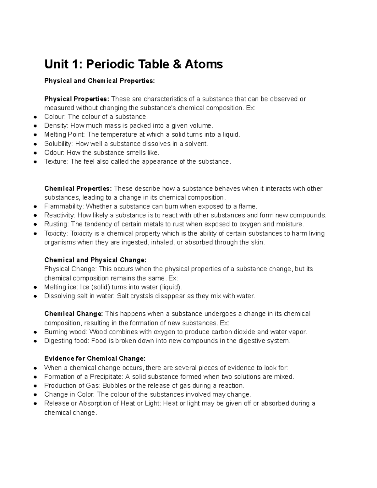 Grade 9 Science Destreamed Exam Review & Notes Unit 1 Periodic