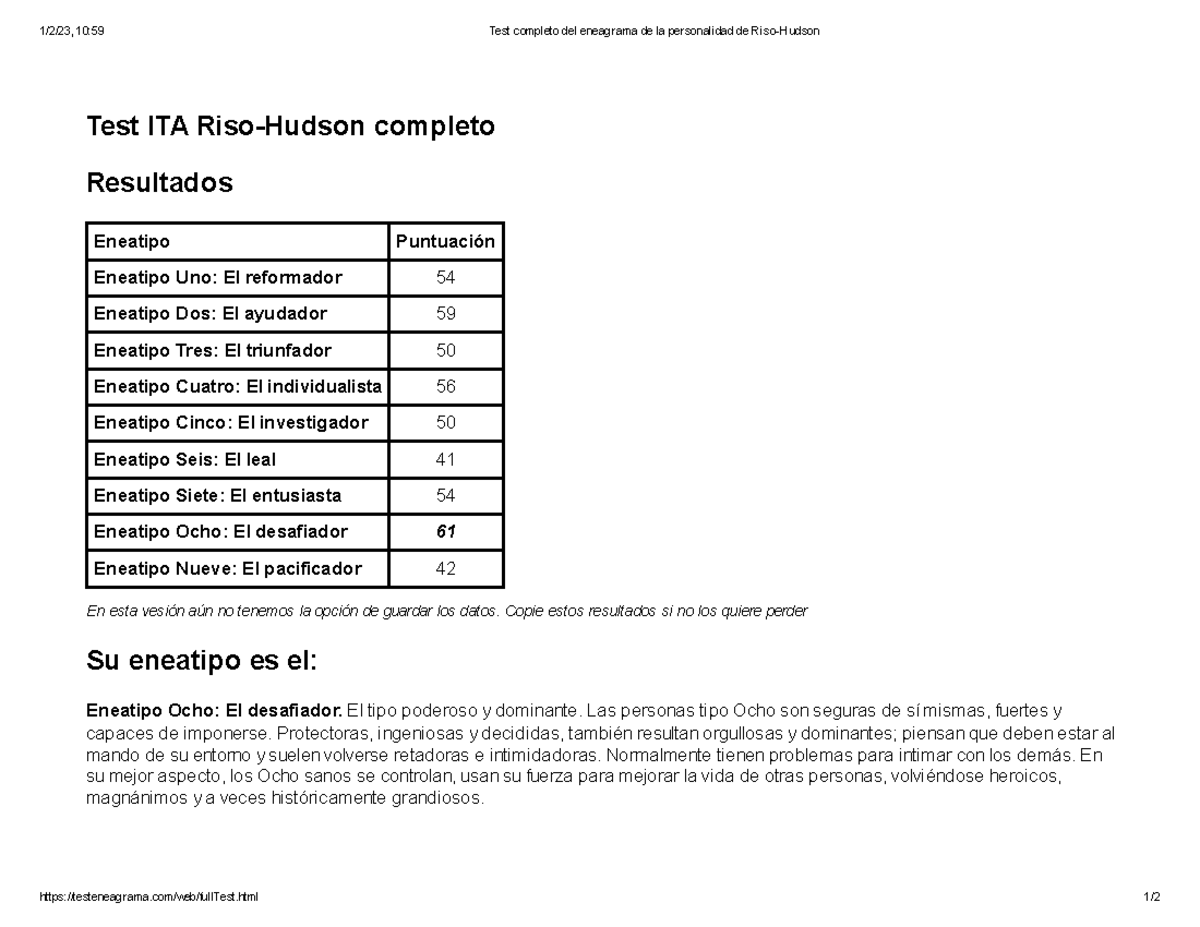 Test completo del eneagrama de la personalidad de Riso-Hudson - 1/2/23 ...