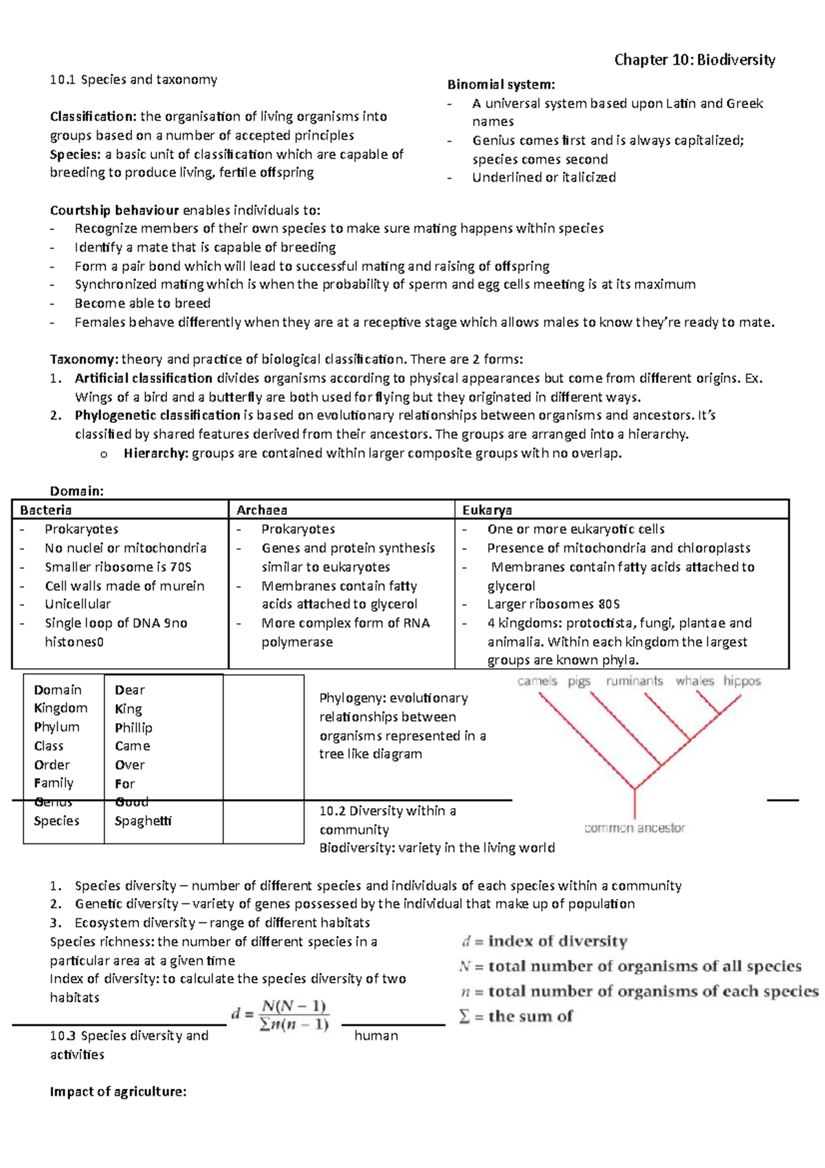 Biodiversity - A-level Biology Notes - Chapter 10: Biodiversity 10 