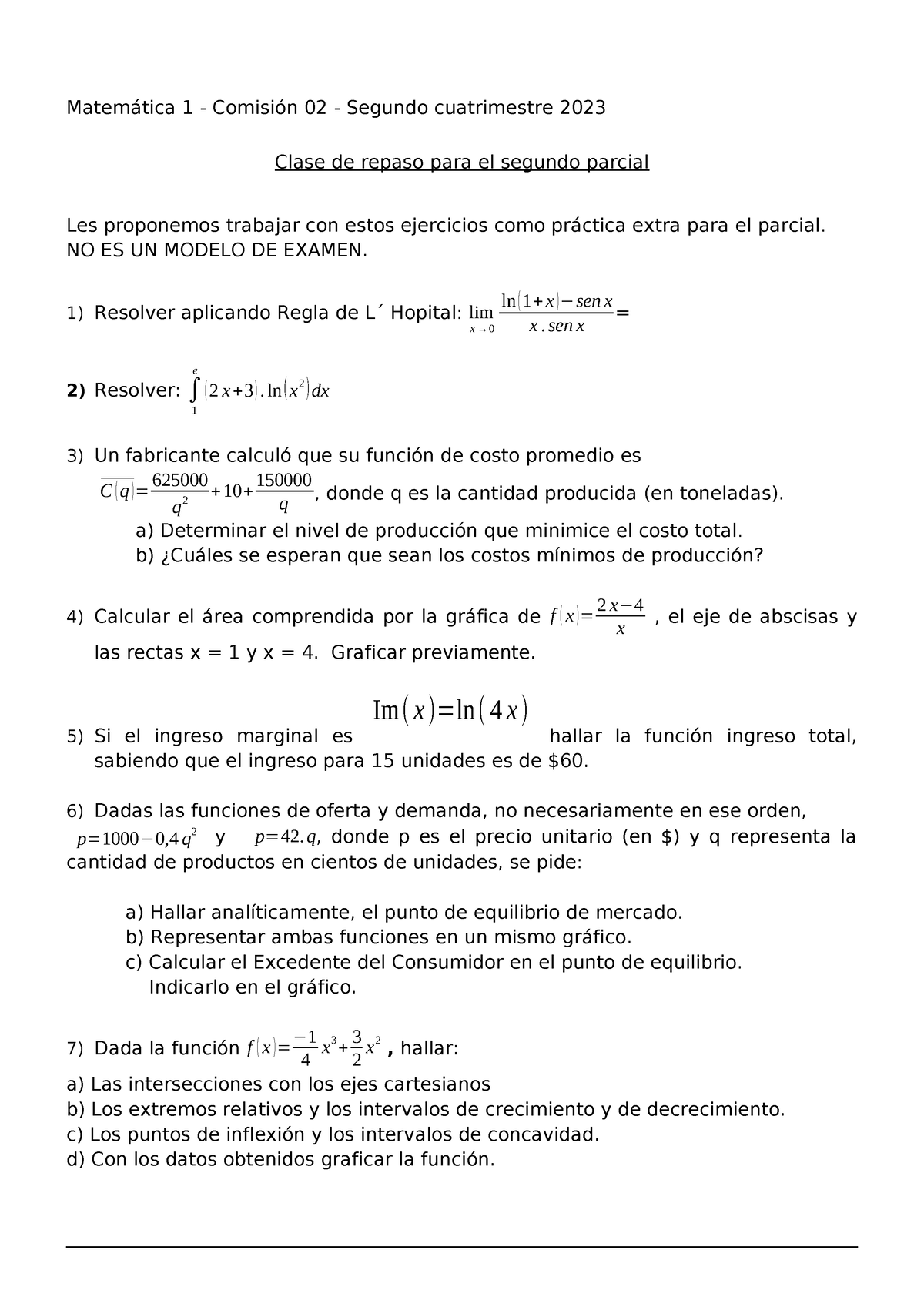 Ejercicios De Repaso Para El Segundo Parcial - 2do C 2023 (Comisión 02 ...