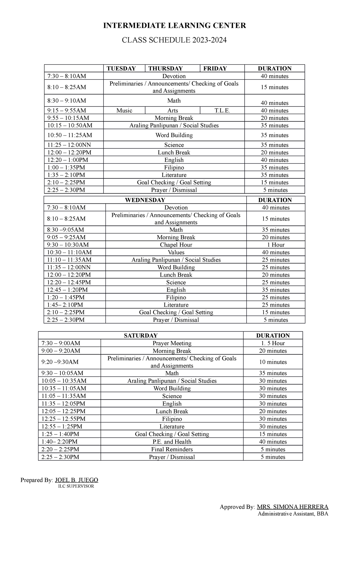 Class Schedule INTERMEDIATE LEARNING CENTER CLASS SCHEDULE 2023